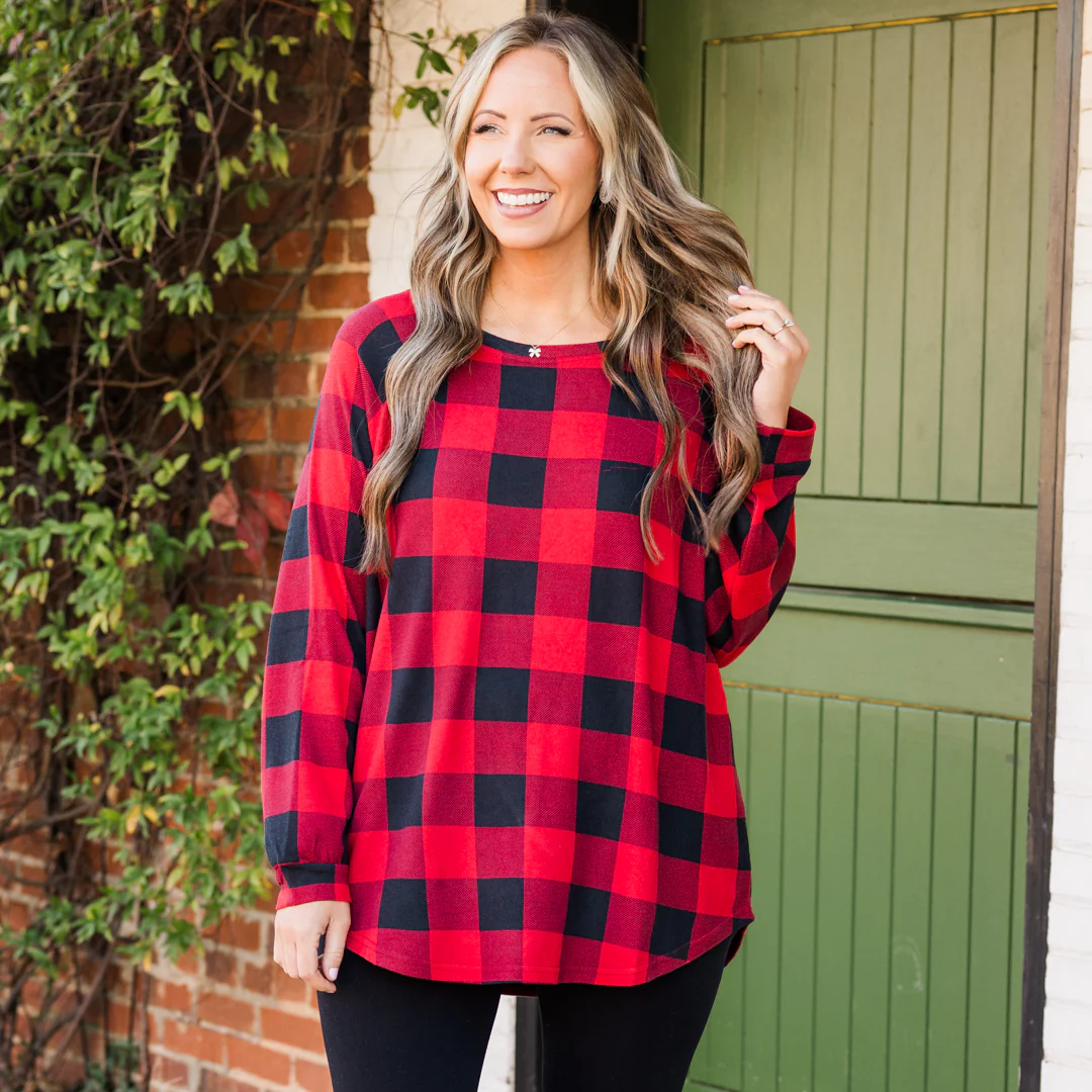 Curved Hem Slouchy Dolman Tunic, Red Plaid - Giverhouse