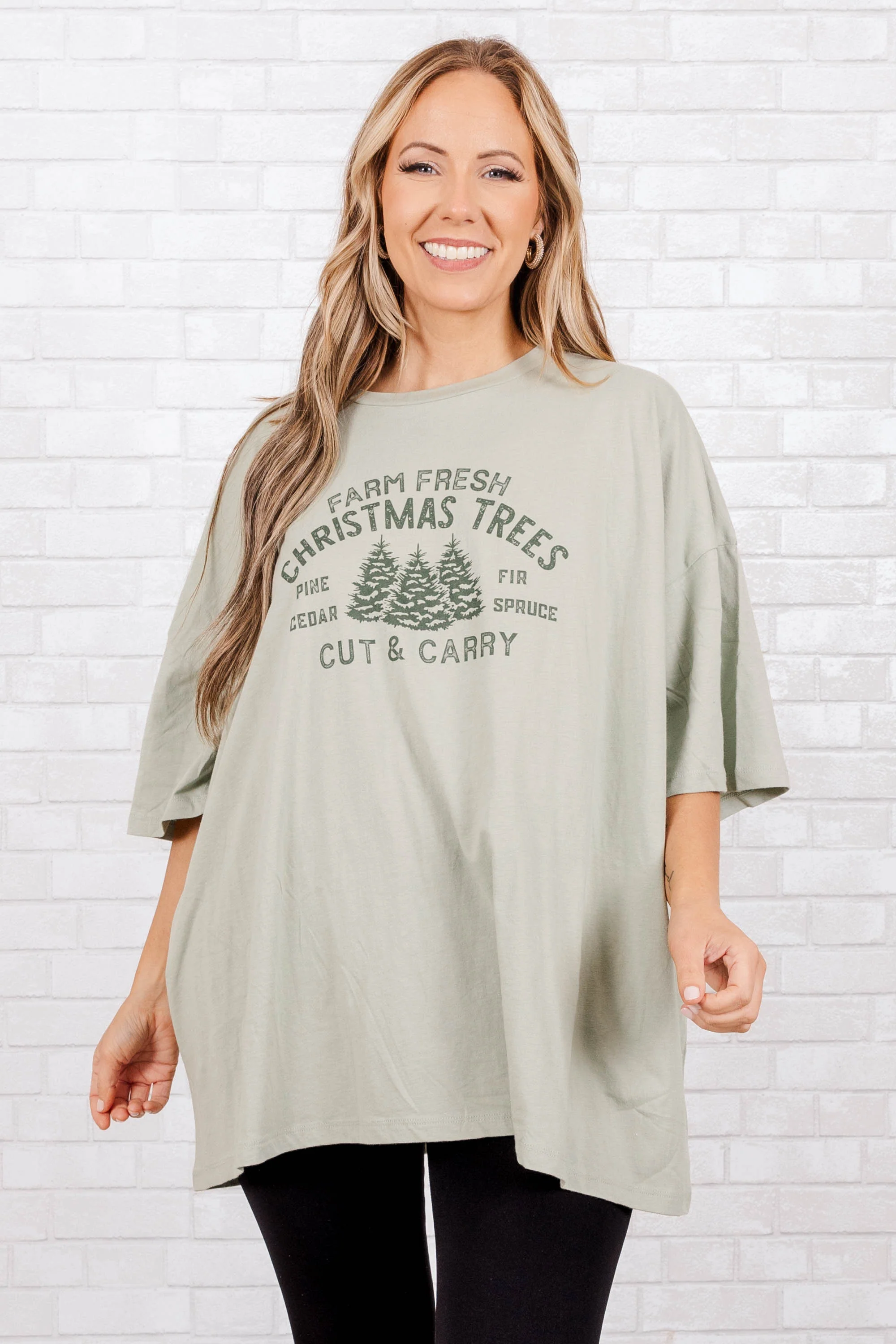 Farm Fresh Christmas Tree Boyfriend Tee, Sage - Giverhouse