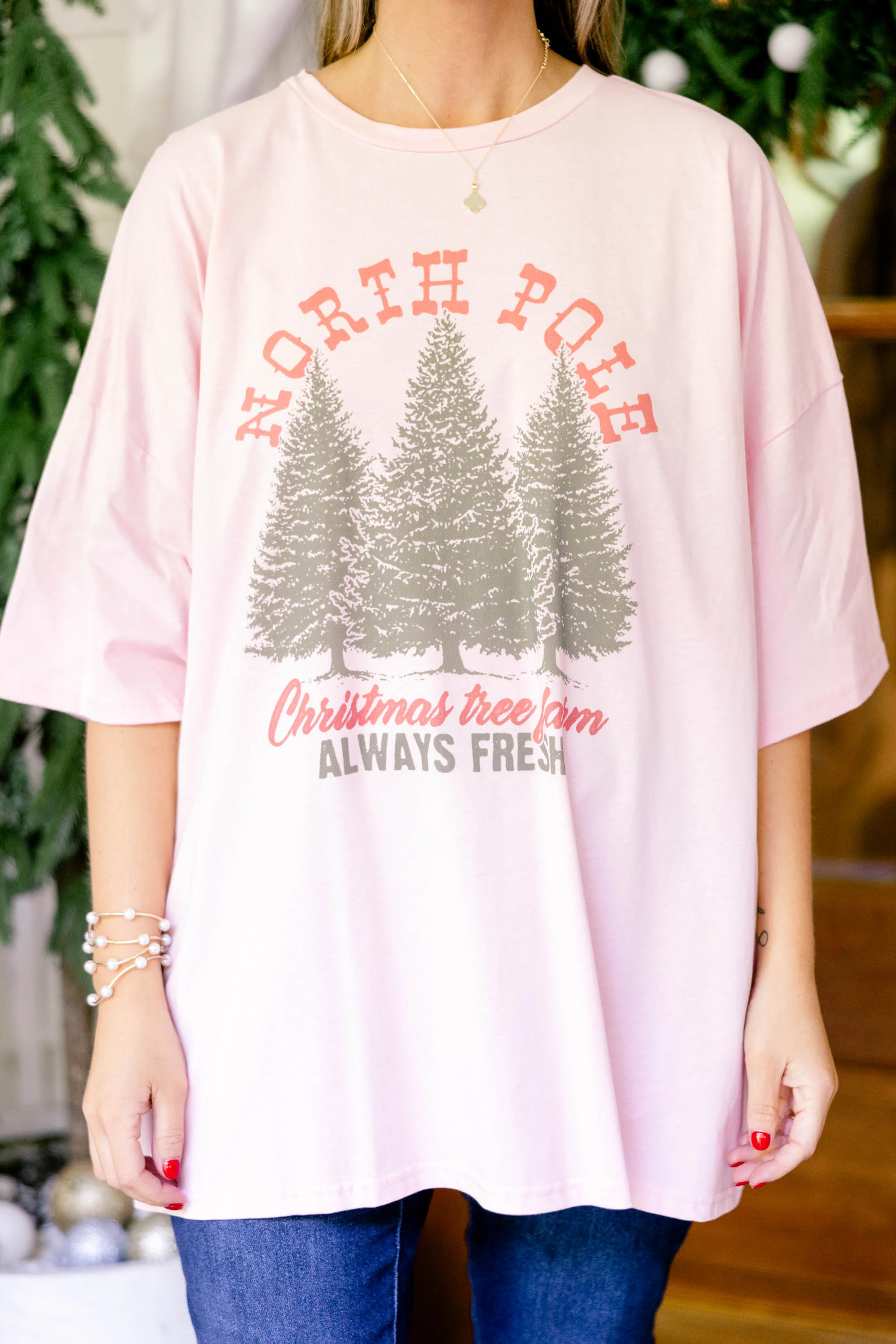 North Pole Tree Farm Boyfriend Tee, Dusty Pink - Giverhouse