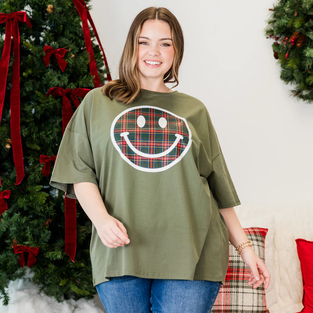 Plaid Smiley Boyfriend Tee, Moss - Giverhouse