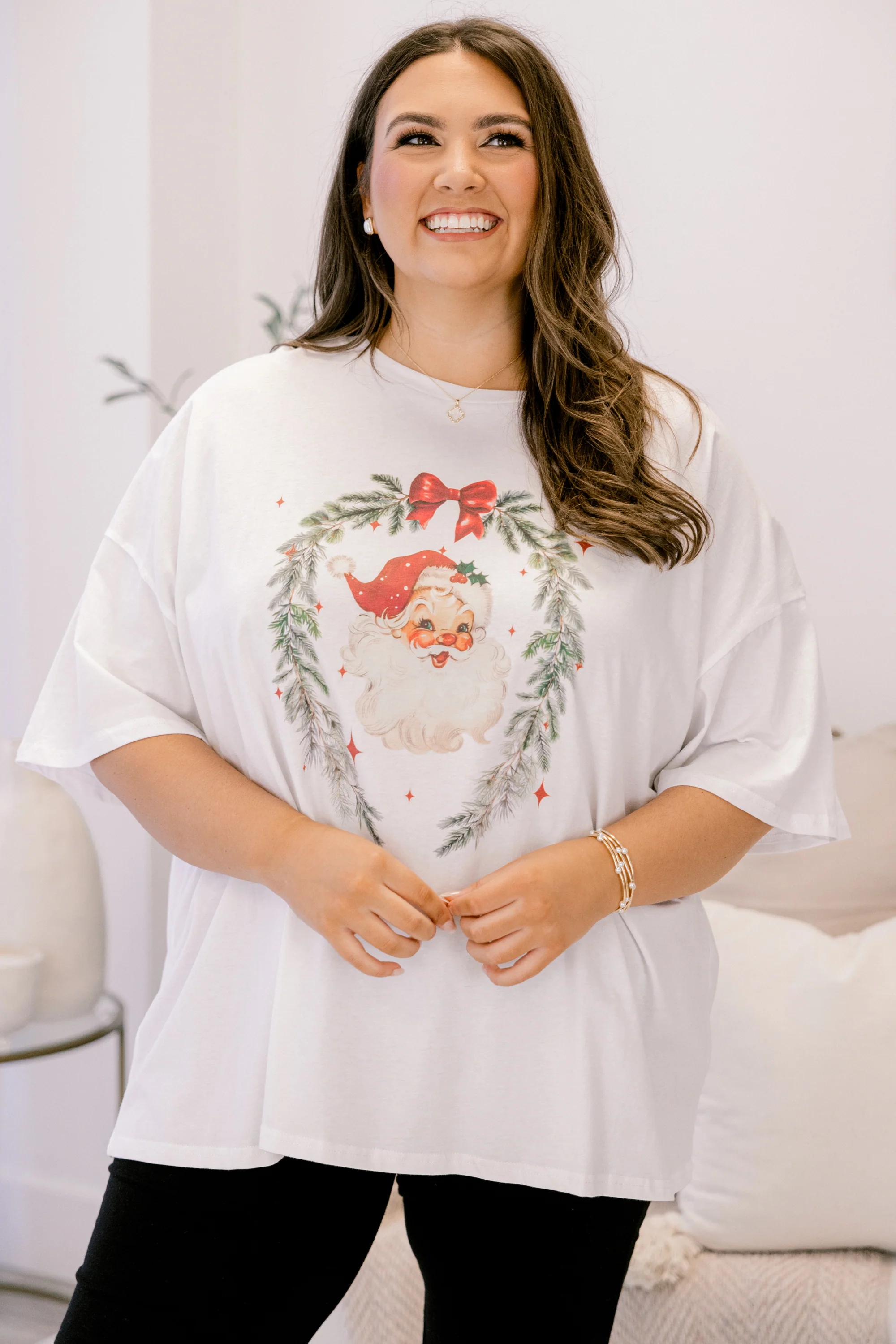 Wreath of Santa Imported Boyfriend Tee, White - Giverhouse