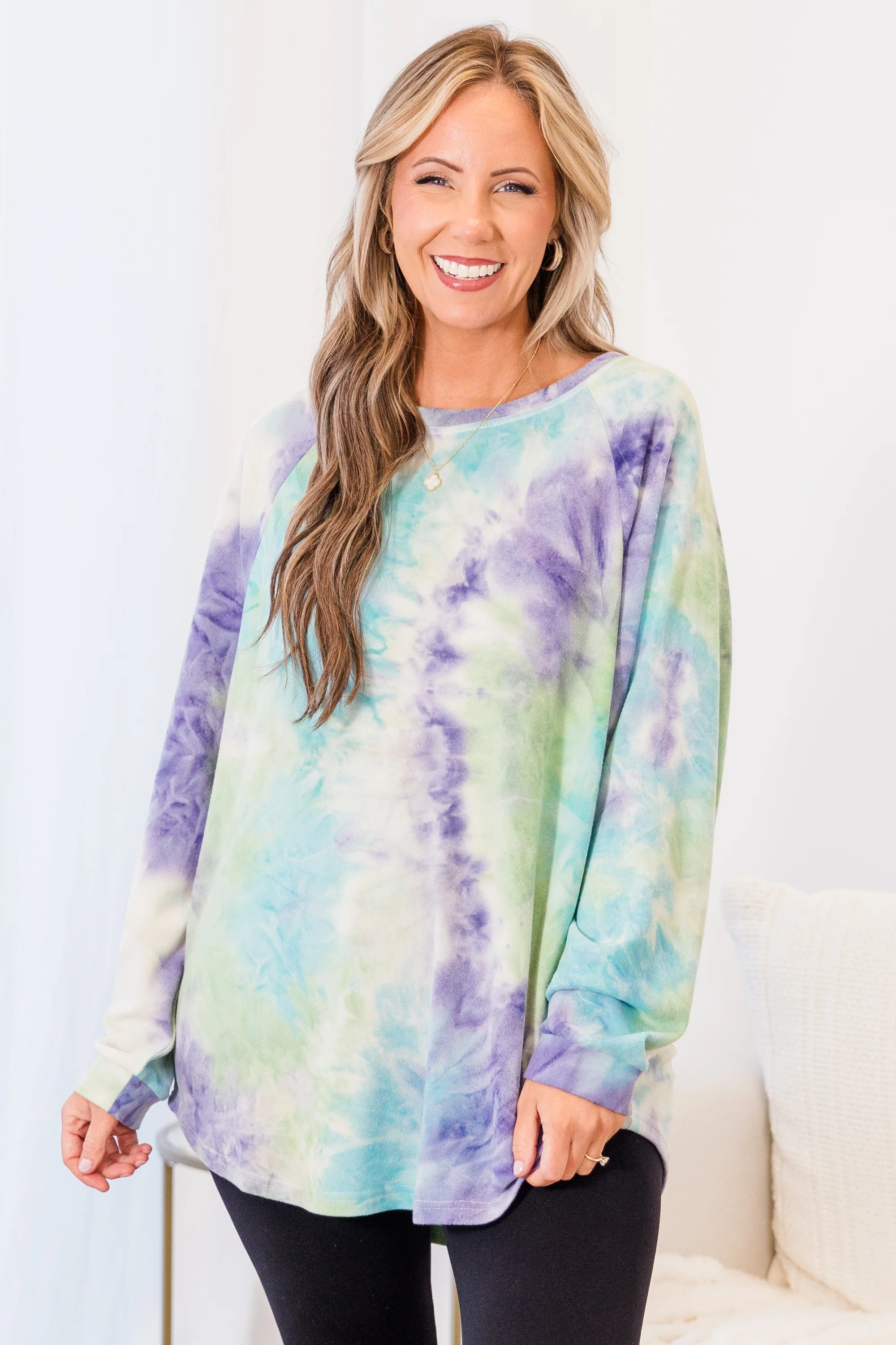 Curved Hem Slouchy Dolman Tunic, Tie Dye Purple - Giverhouse