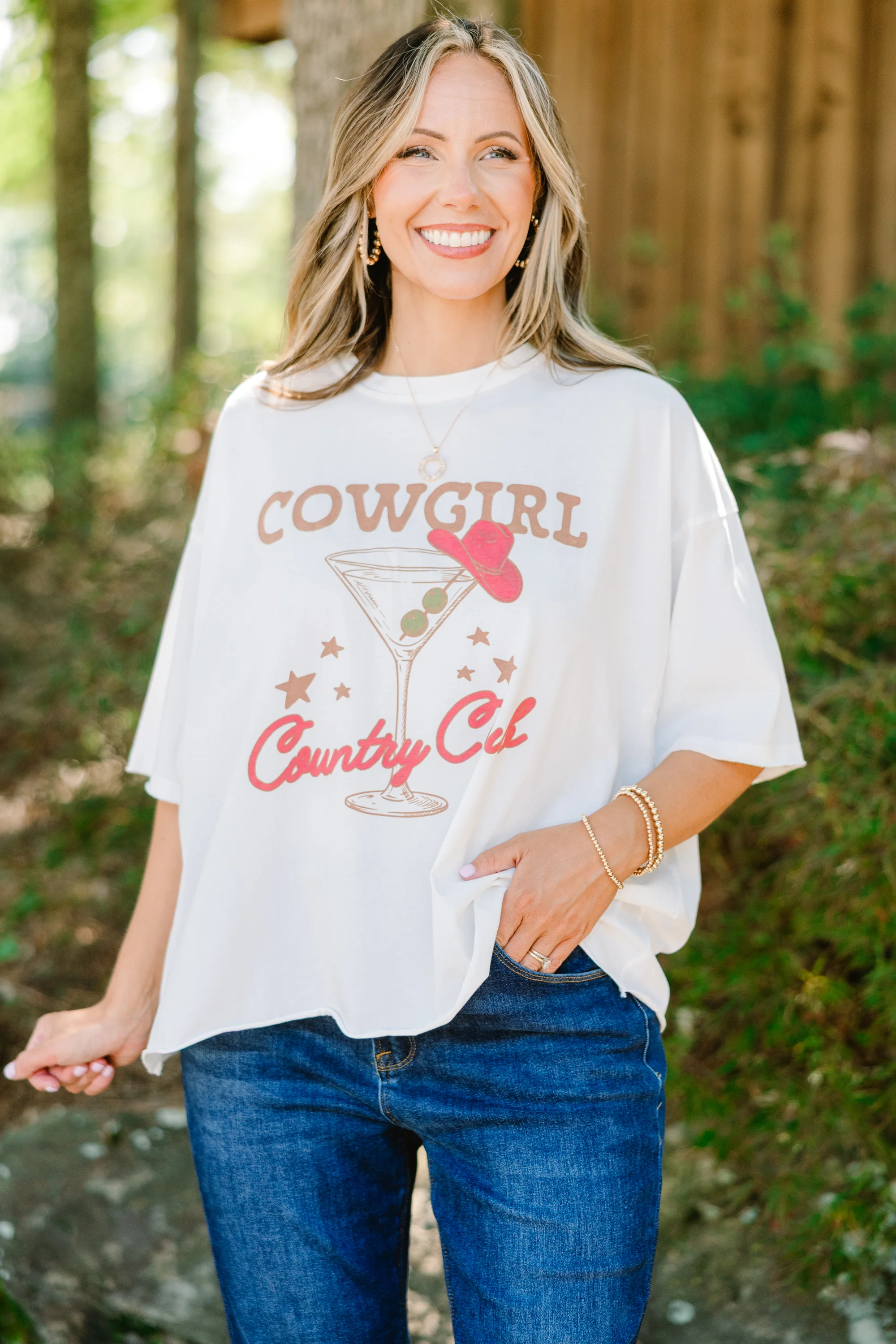 Cowgirl Country Club Vintage Wash Tee, White - Giverhouse