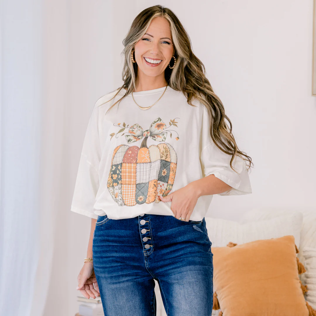 Patches of Pumpkins Boyfriend Tee, Ivory - Giverhouse