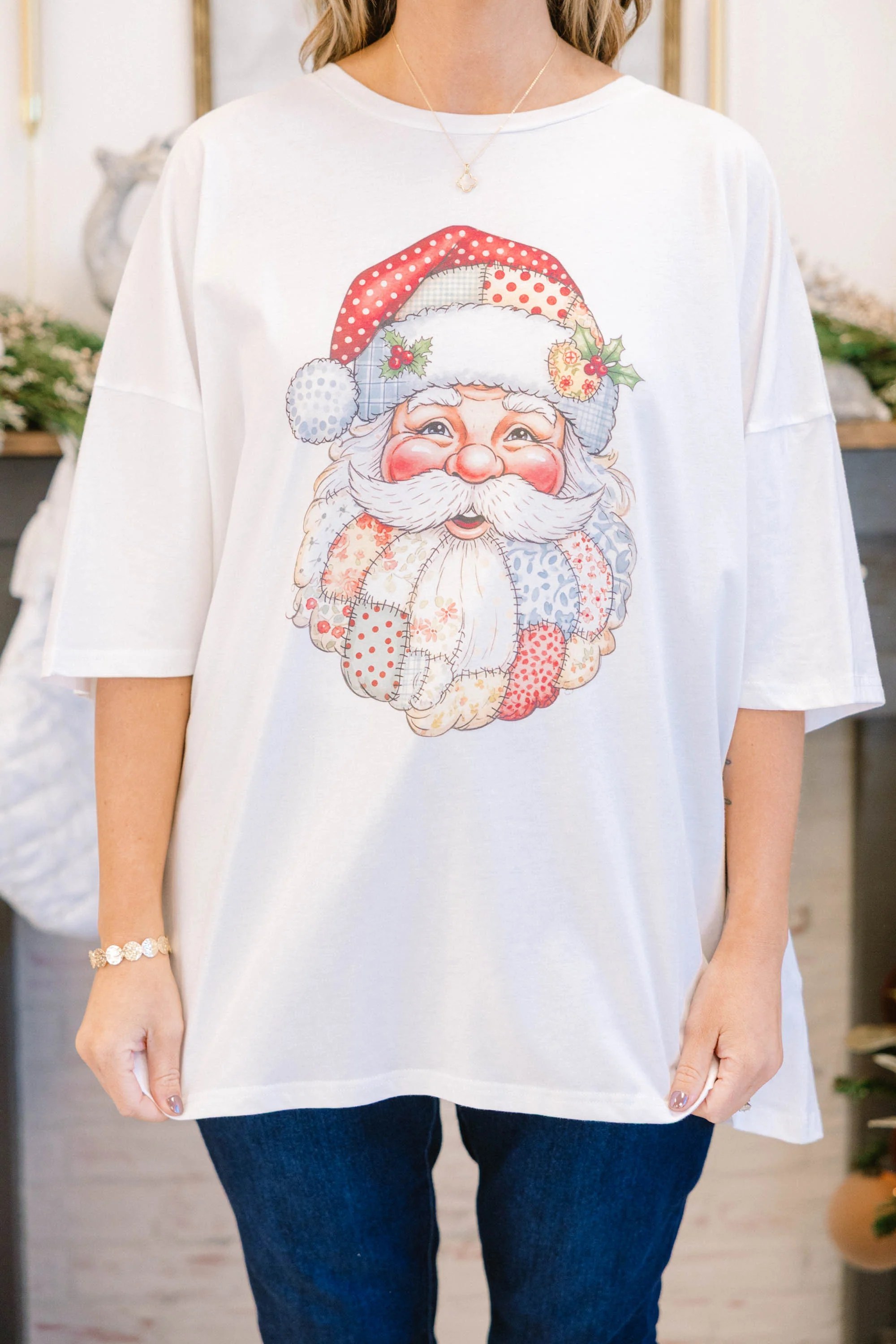 Santa Patches Boyfriend Tee, White - Giverhouse