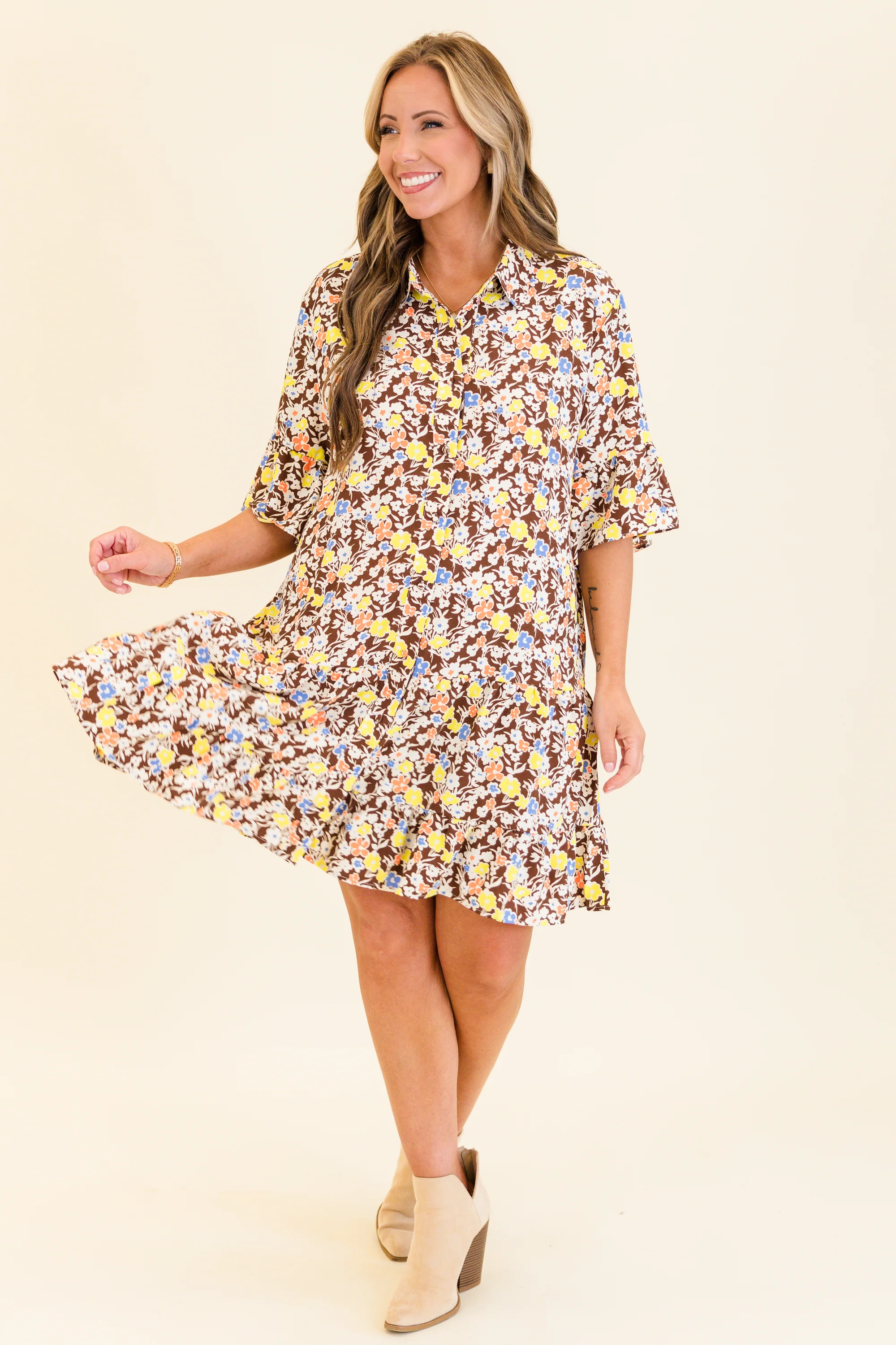 Somewhere Along The Way Dress, Brown Multi - Giverhouse