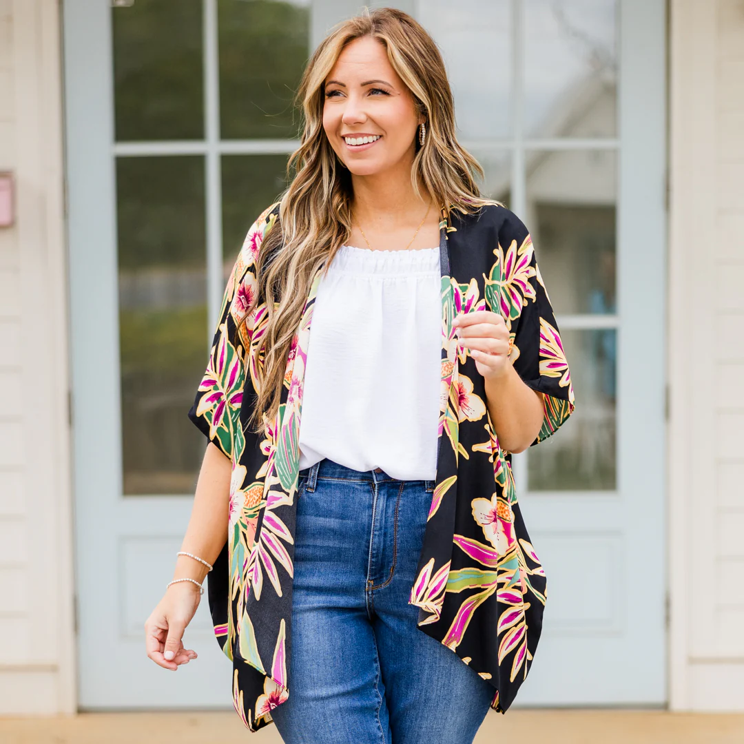 Island Breeze Kimono, Black Floral - Giverhouse