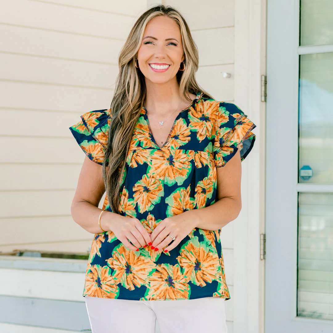 Let's Go On A Walk Top, Navy-Orange - Giverhouse