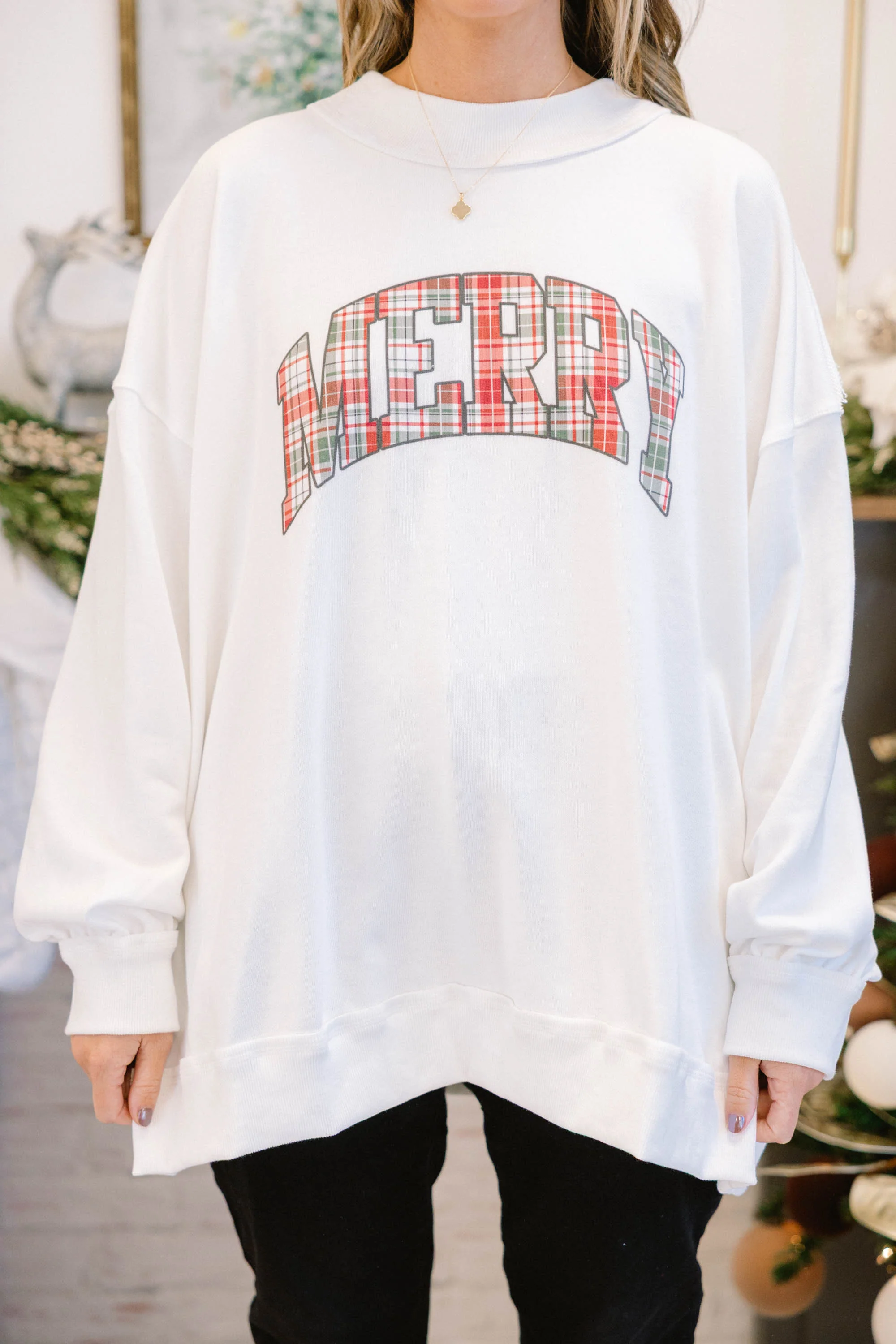 Merry and Plaid Mock Neck Pullover, Ivory - Giverhouse