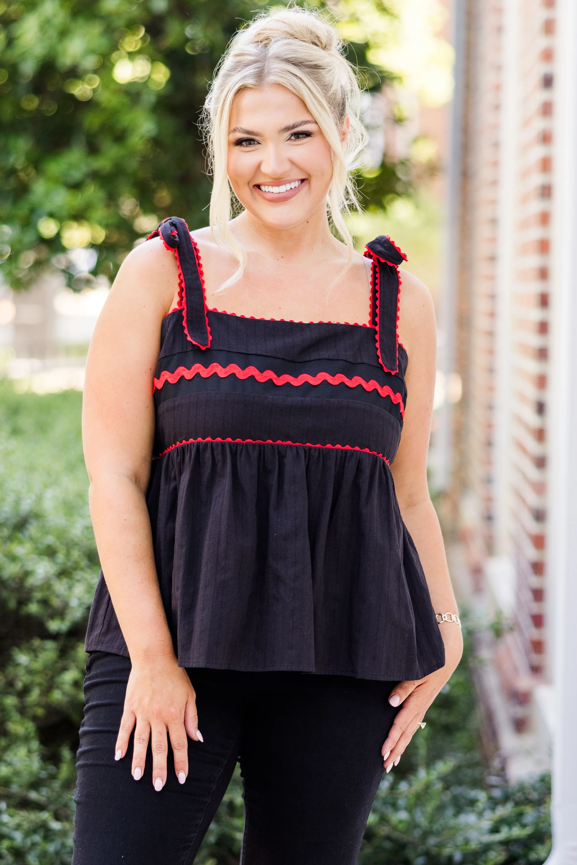 Sweetheart Gameday Babydoll Tank, Black-Red - Giverhouse