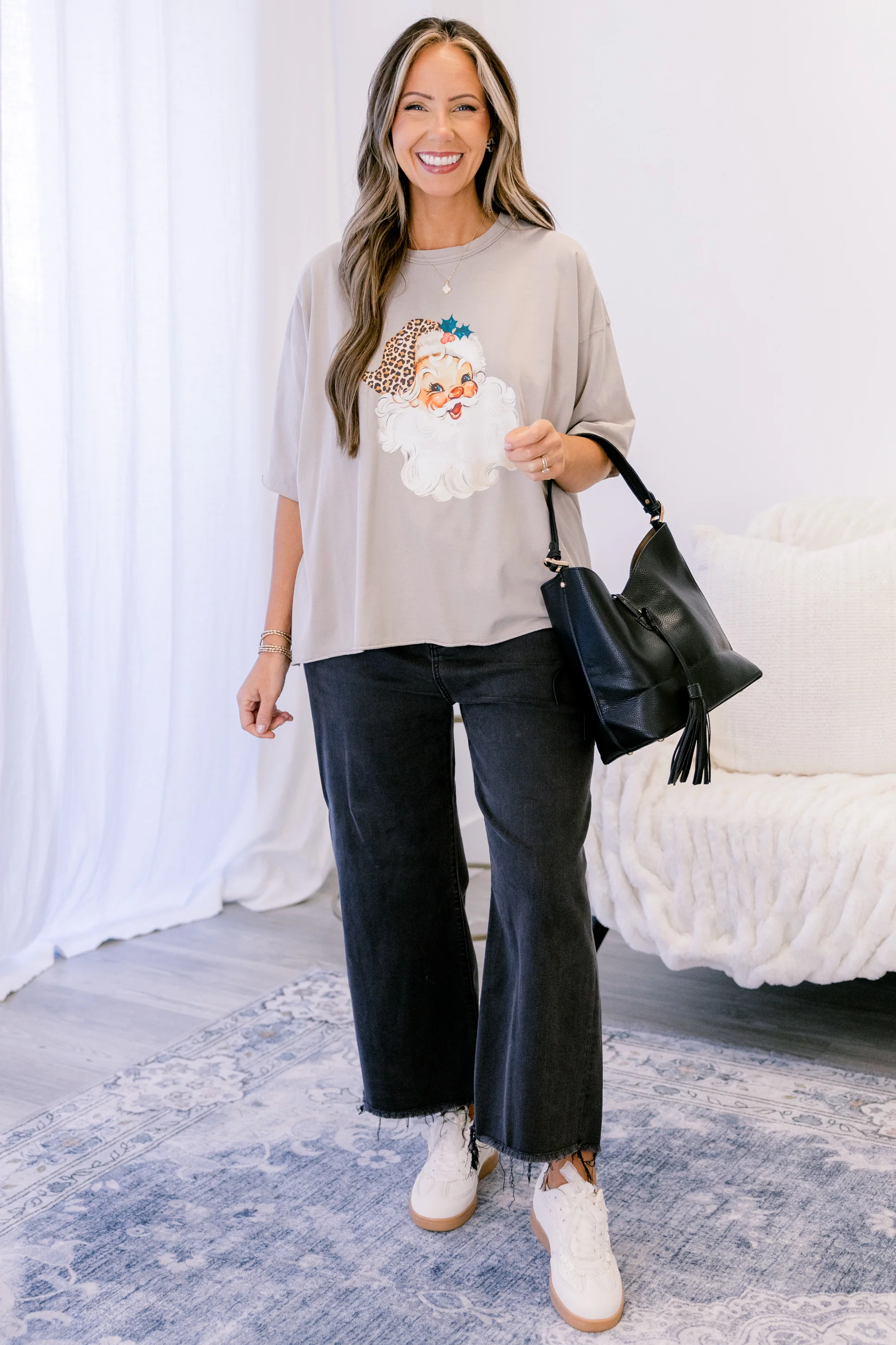 Santa in Leopard Vintage Wash Tee, Stone - Giverhouse