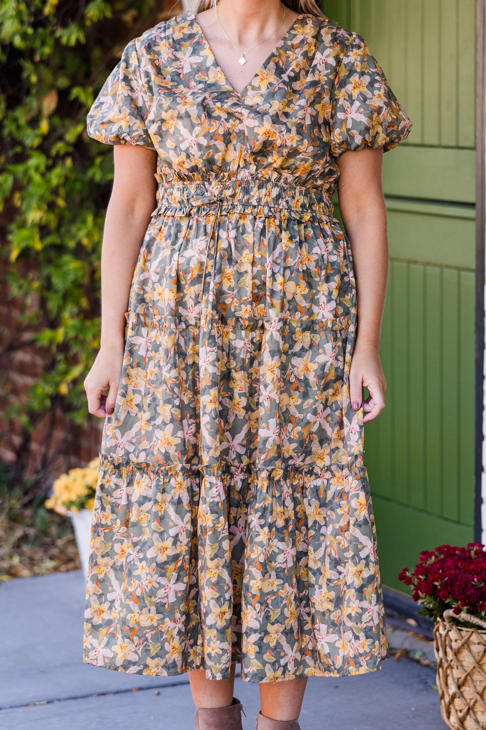 Muted Garden Midi Dress, Yellow - Giverhouse