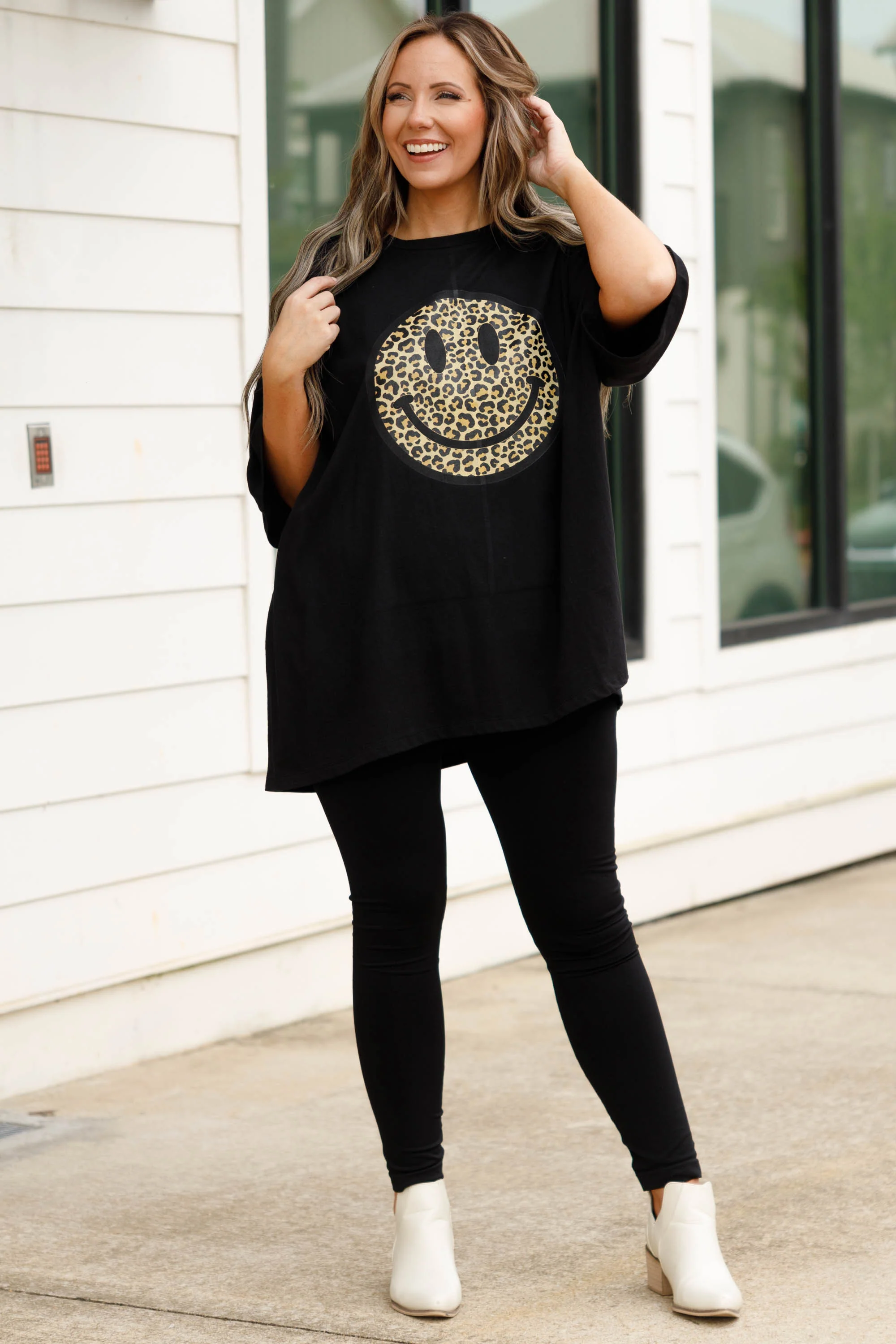 Smiley Face Boyfriend Tee, Black - Giverhouse
