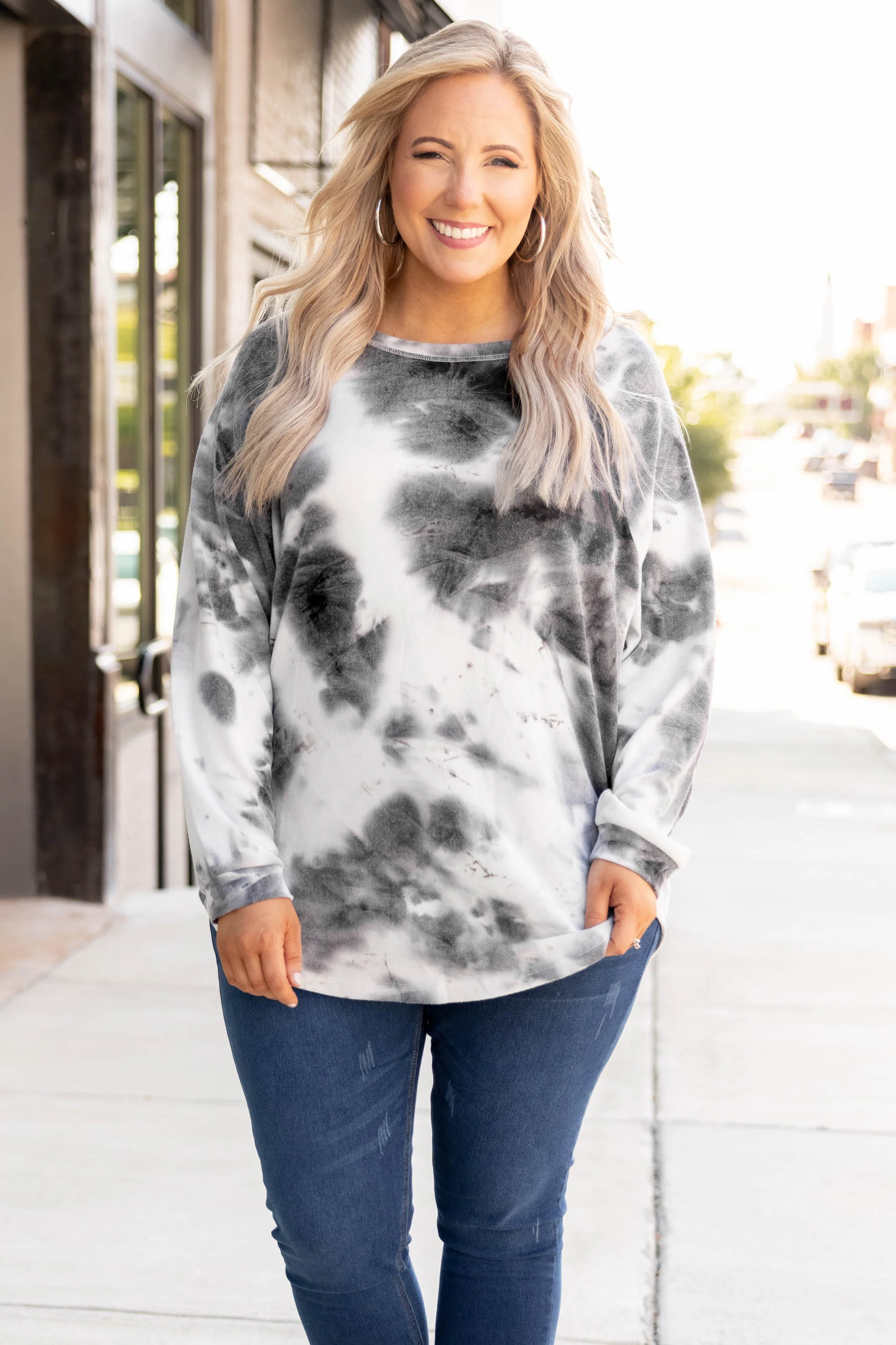 Curved Hem Slouchy Dolman Tunic, Tie Dye Gray-White - Giverhouse