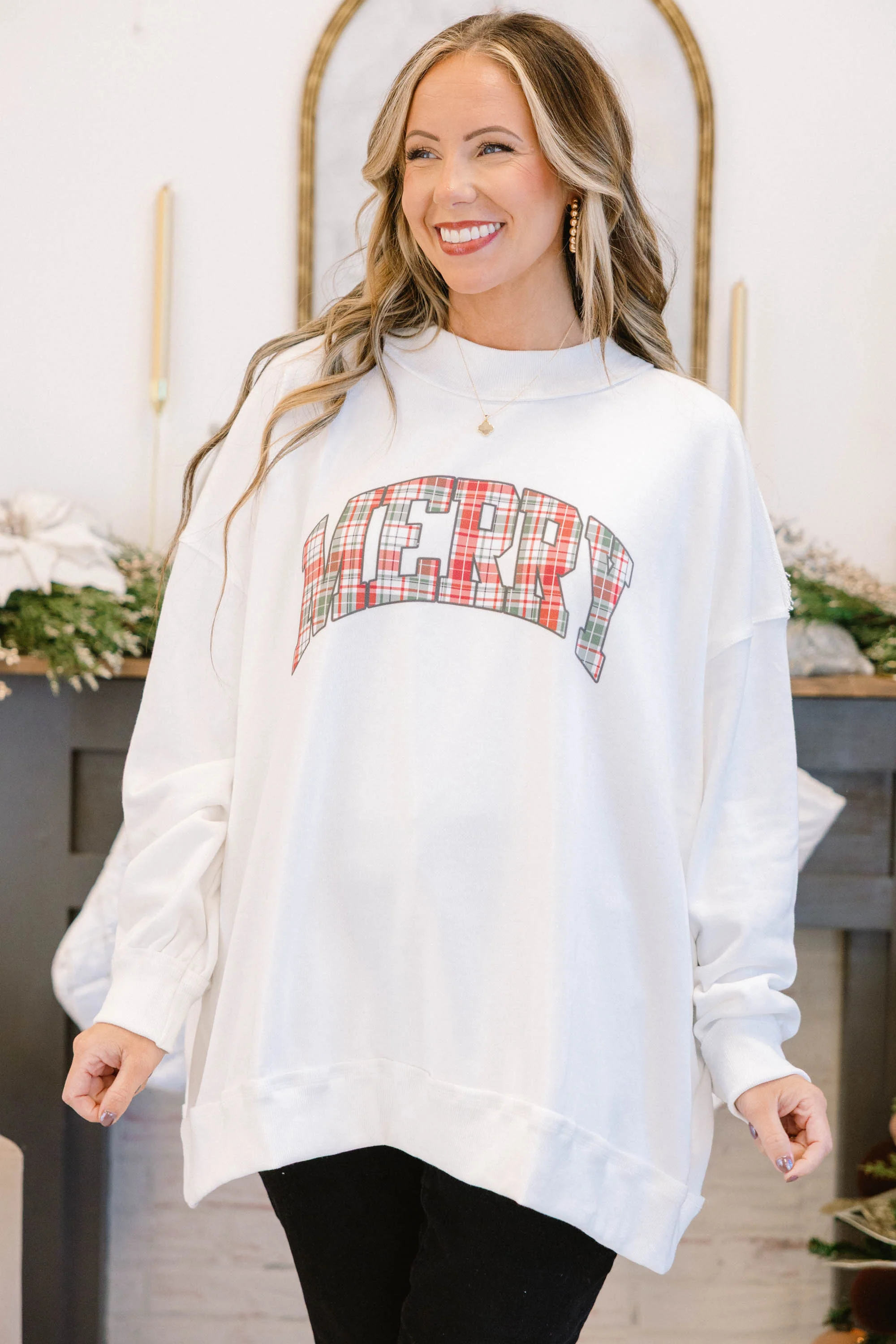 Merry and Plaid Mock Neck Pullover, Ivory - Giverhouse