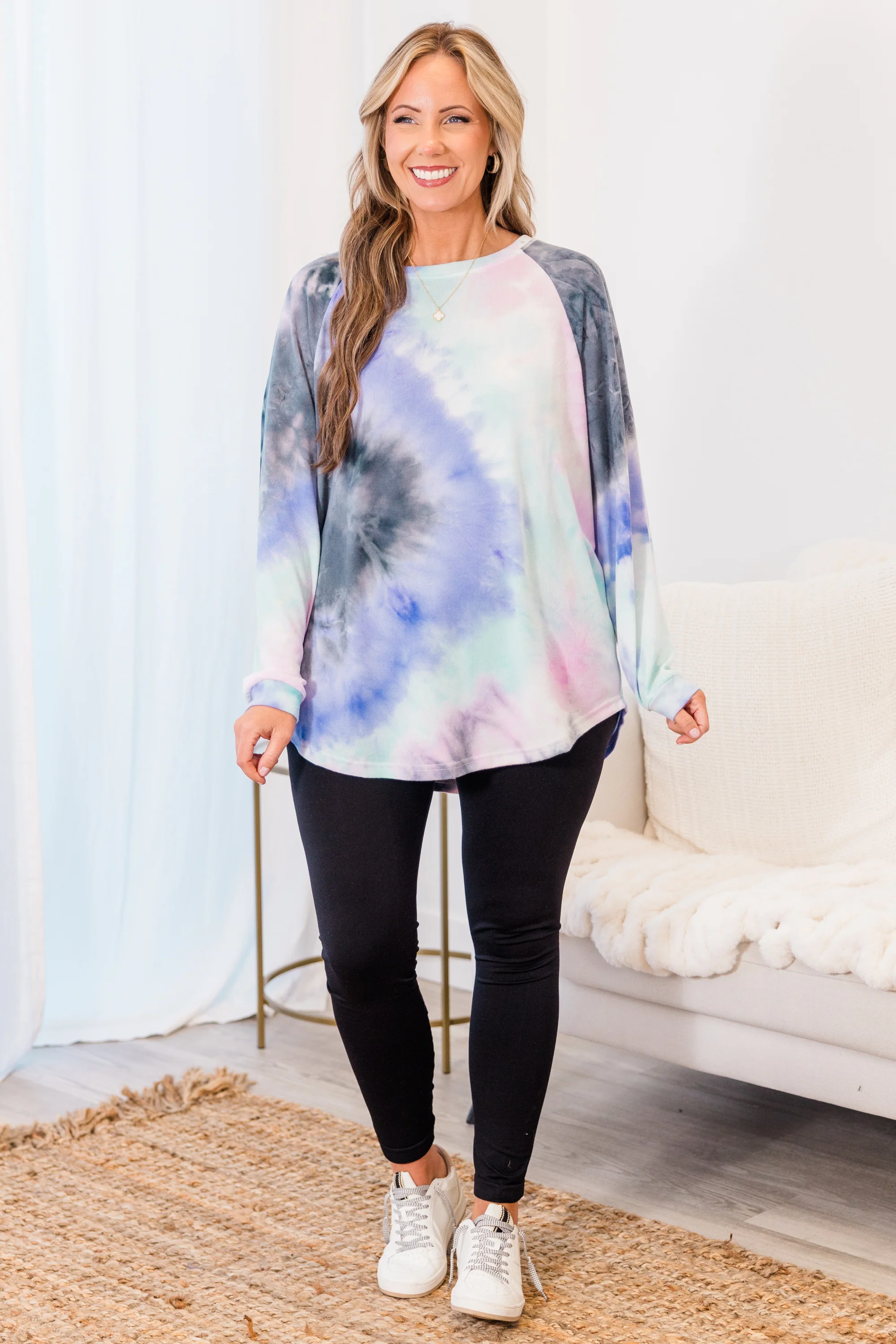 Curved Hem Slouchy Dolman Tunic, Tie Dye Pink & Blue - Giverhouse