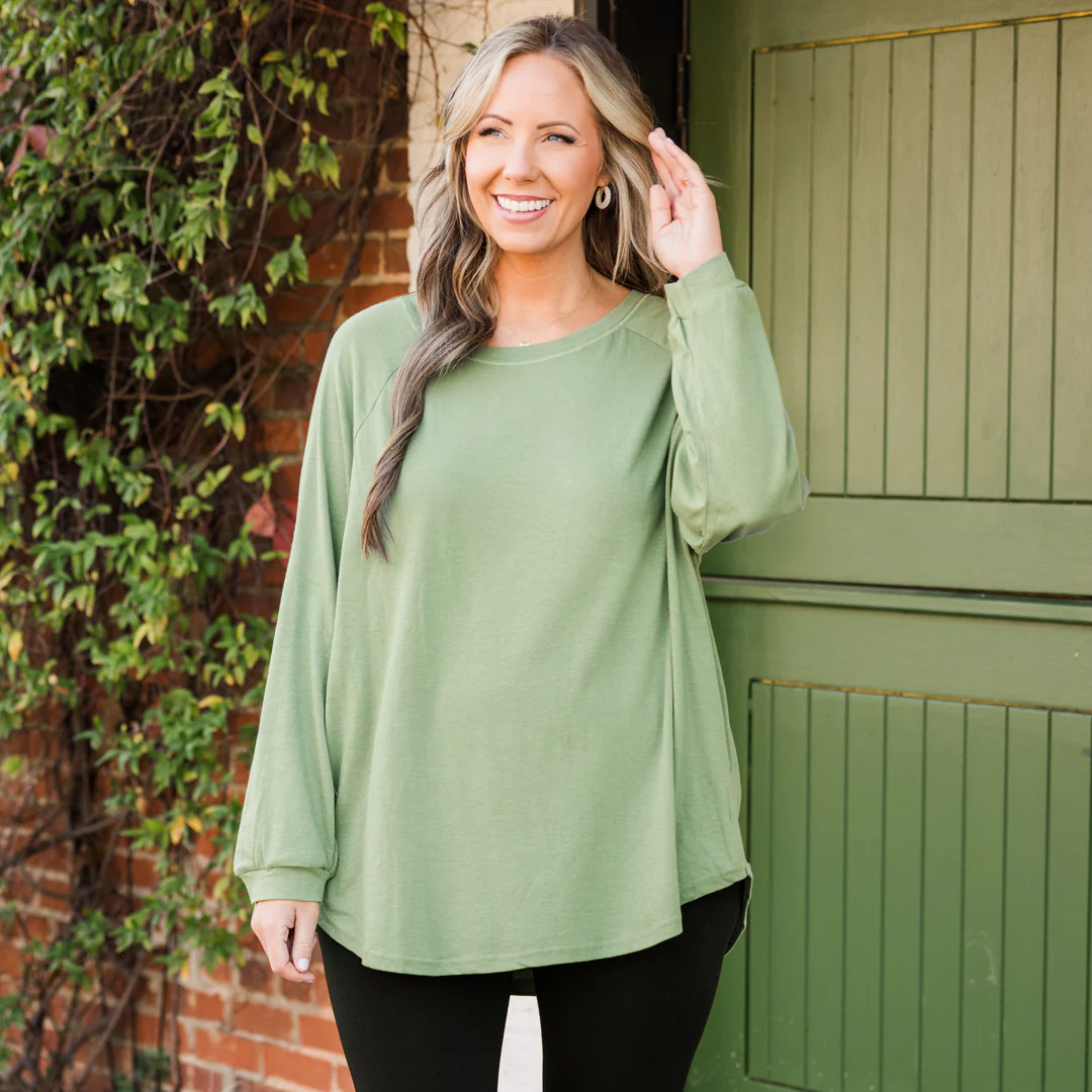 Curved Hem Slouchy Dolman Tunic, Sage - Giverhouse