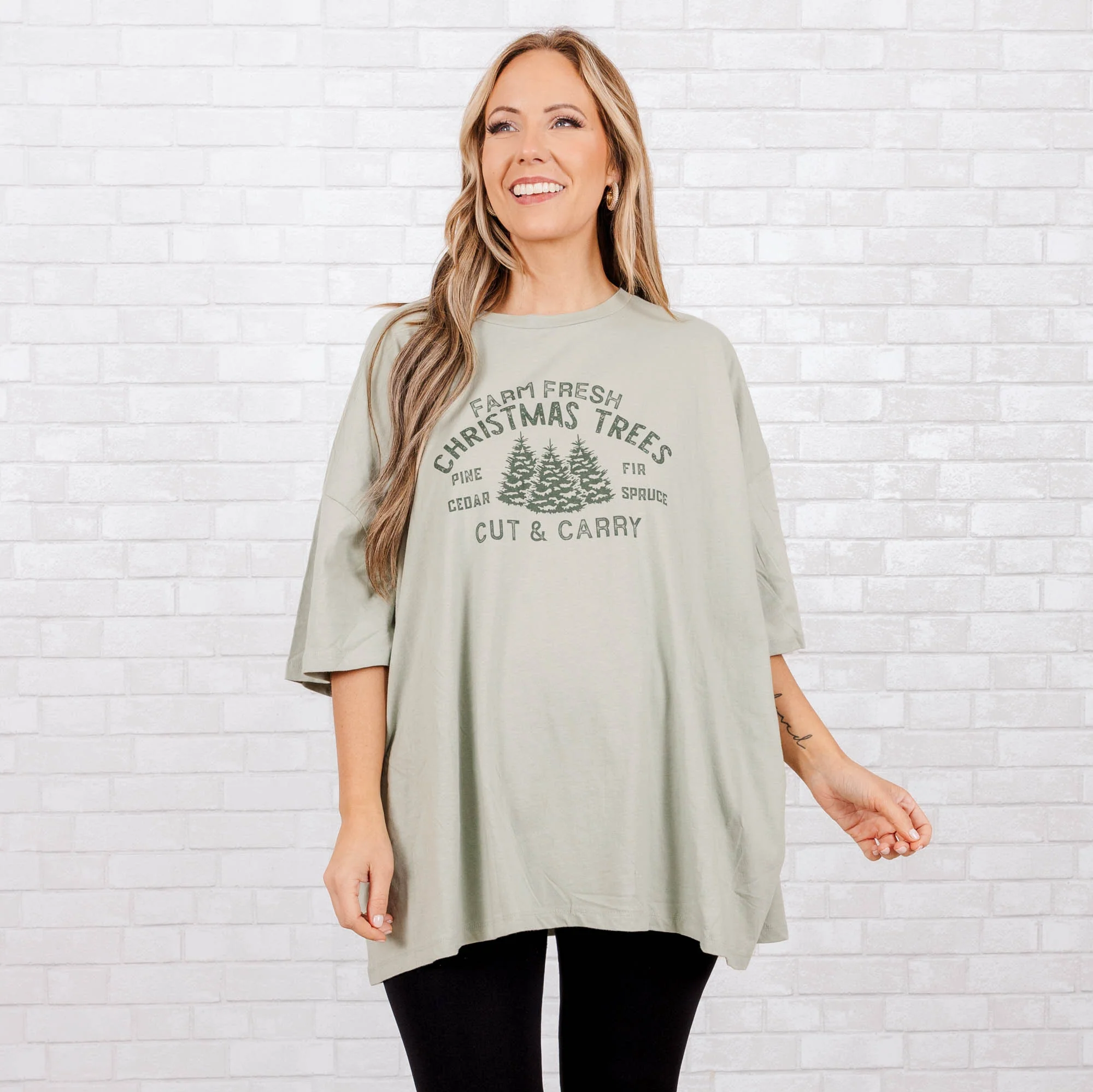Farm Fresh Christmas Tree Boyfriend Tee, Sage - Giverhouse