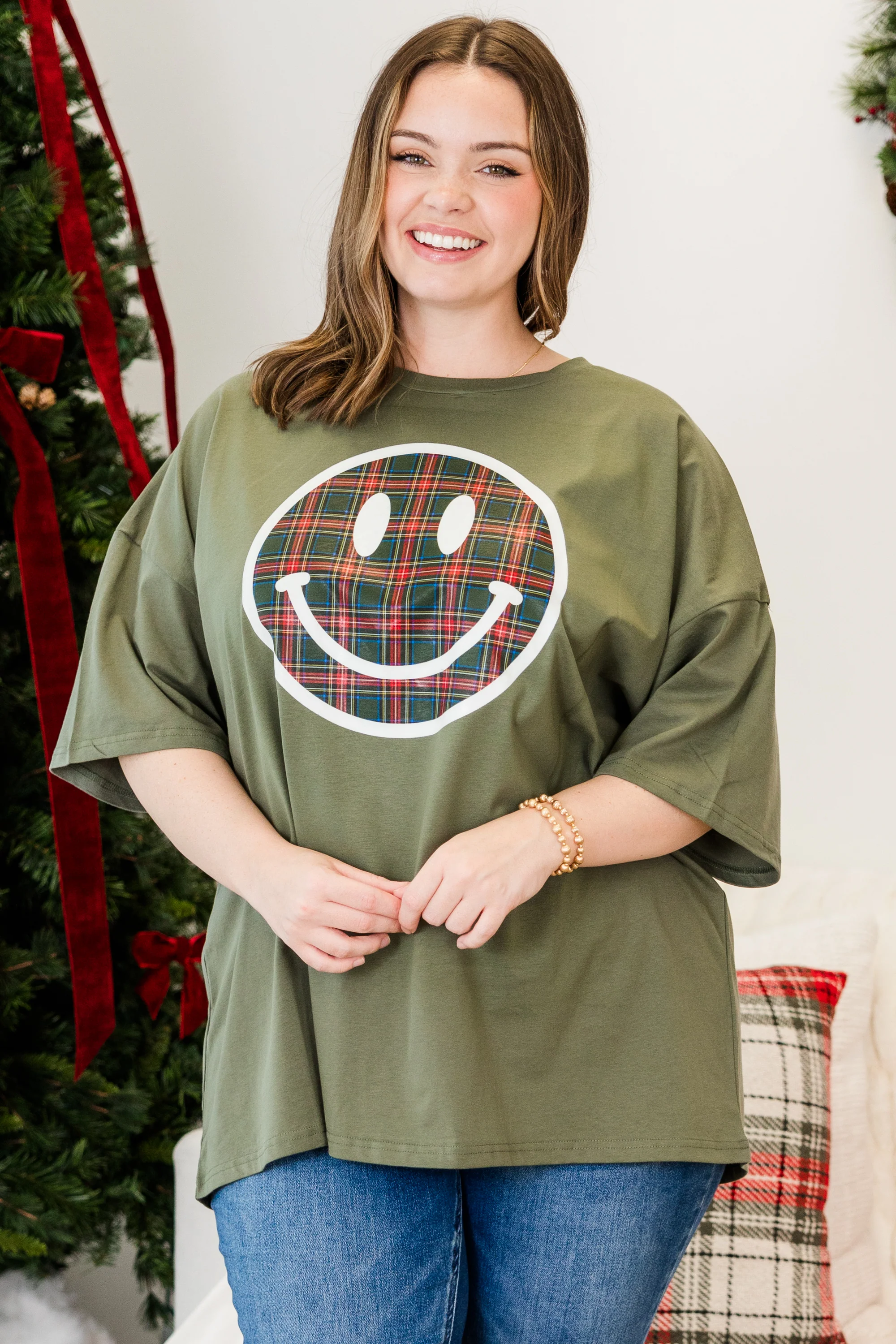 Plaid Smiley Boyfriend Tee, Moss - Giverhouse