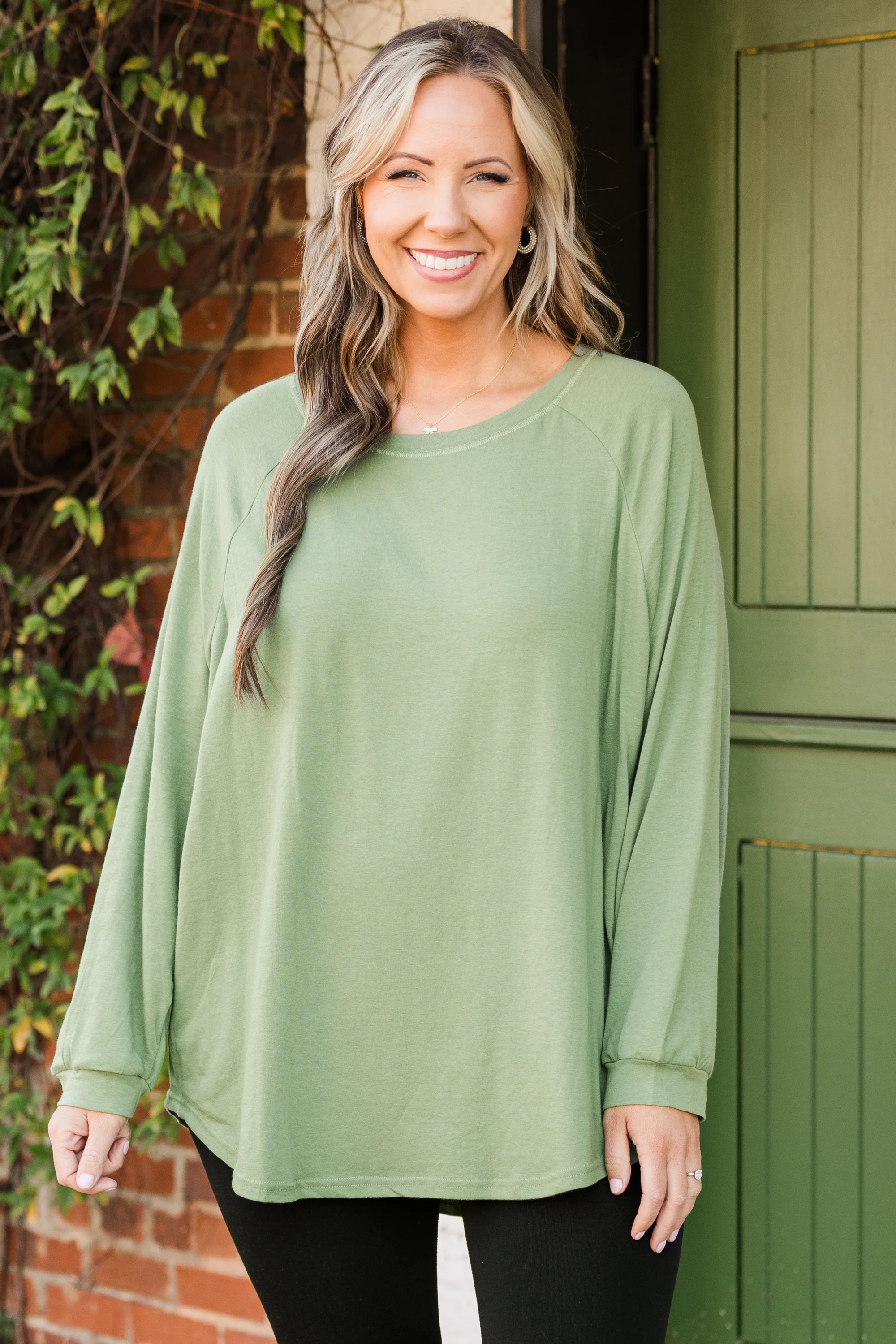 Curved Hem Slouchy Dolman Tunic, Sage - Giverhouse