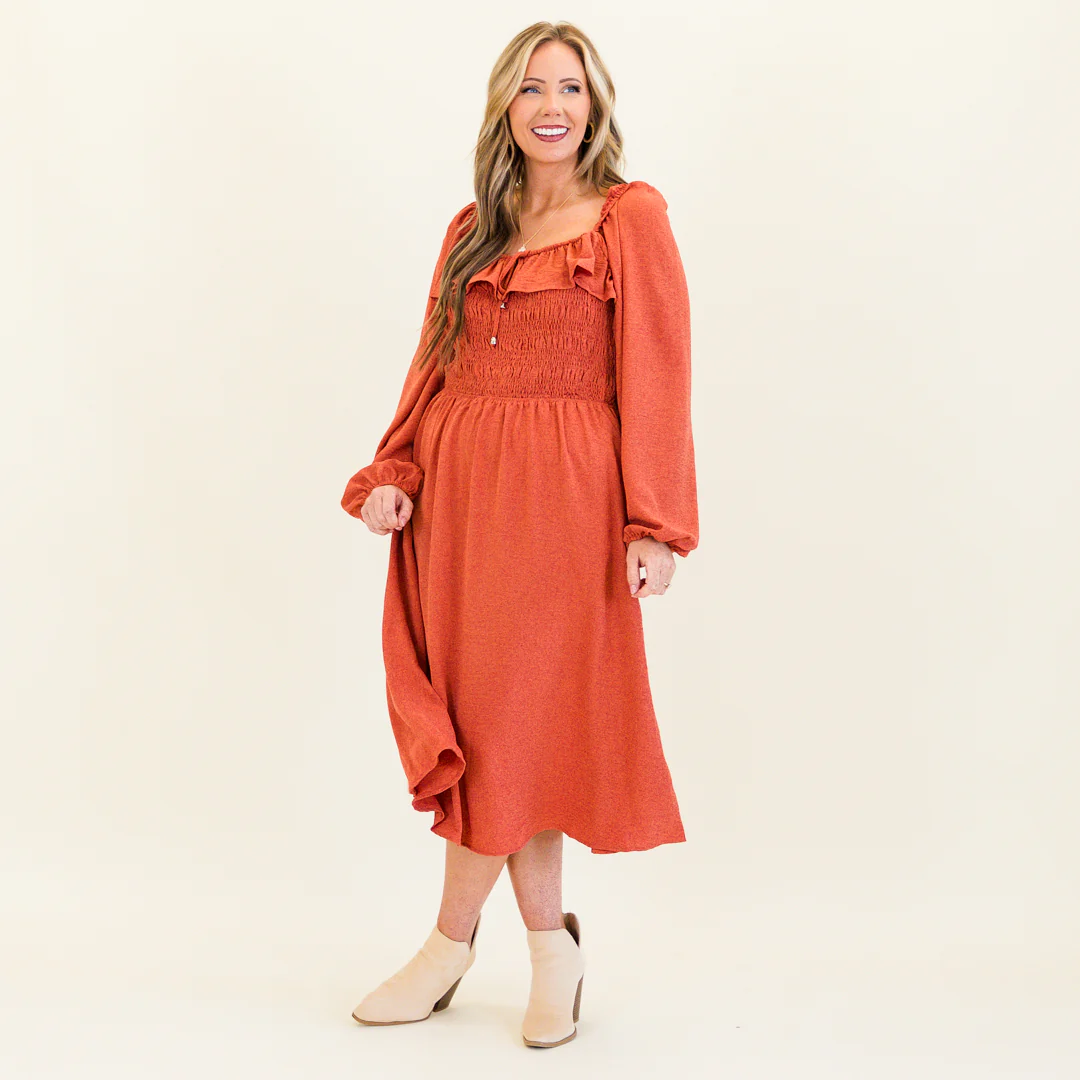 Field Of Dreams Midi Dress, Terracotta - Giverhouse