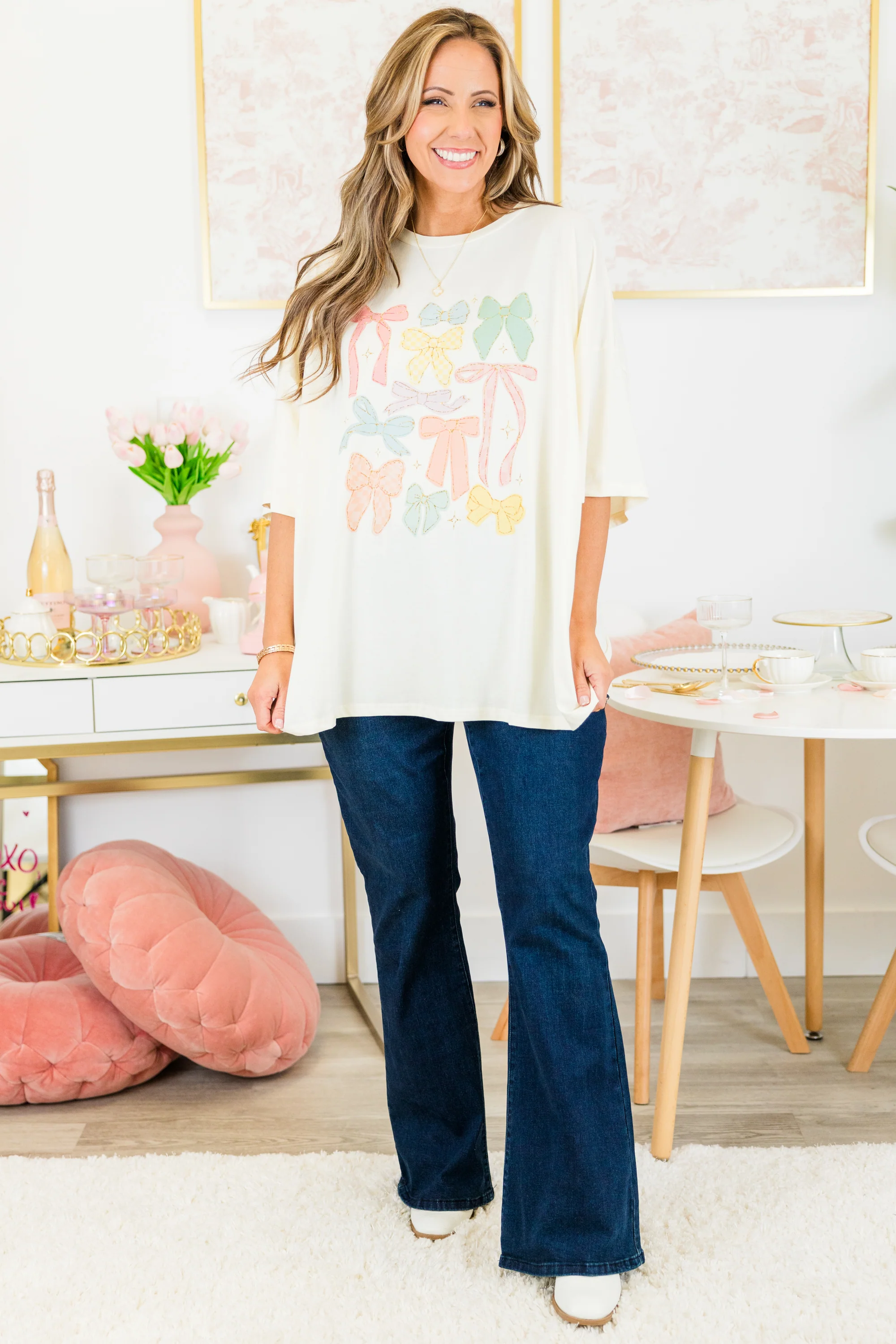 Mixed Bows Boyfriend Tee, Ivory - Giverhouse