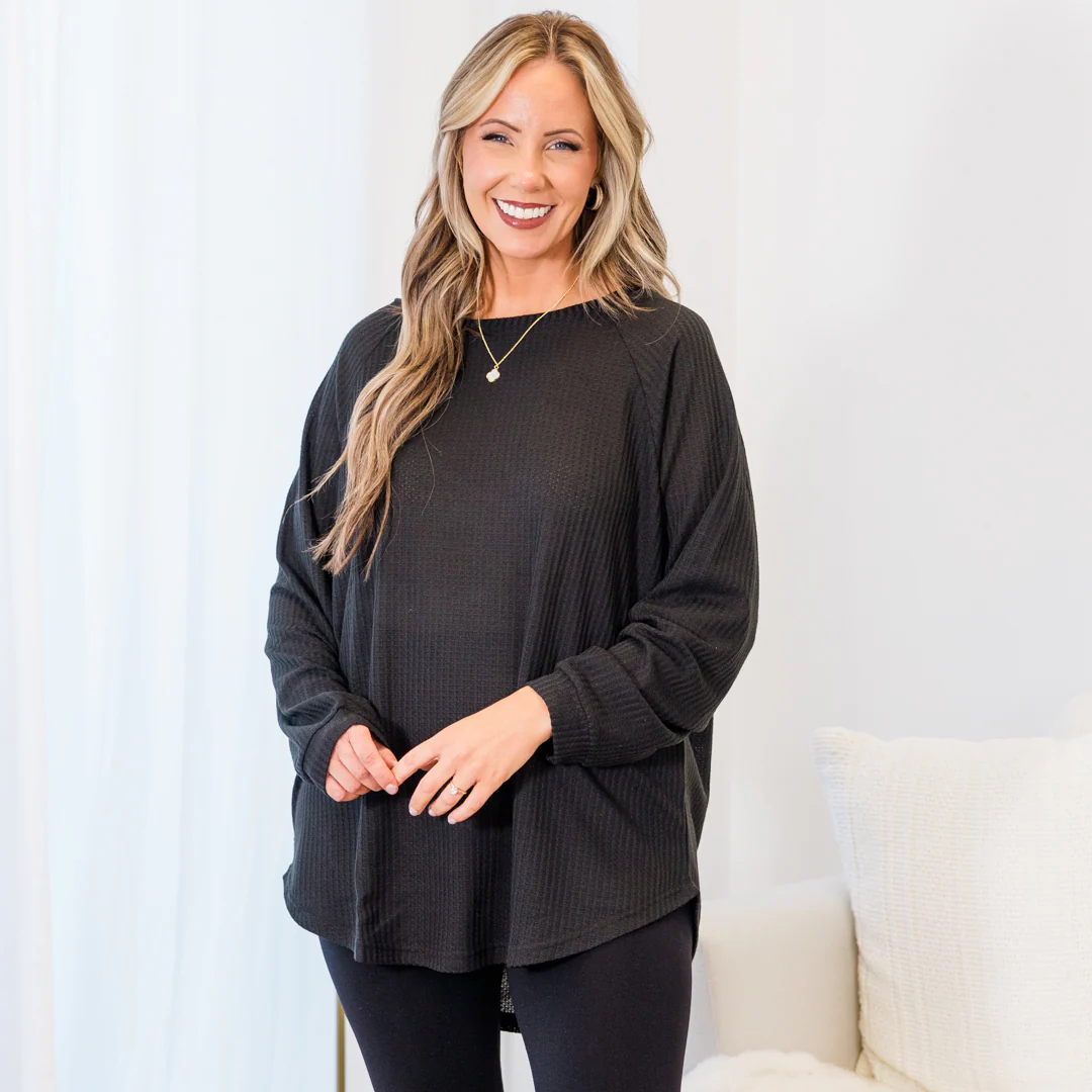 Curved Hem Slouchy Dolman Tunic, Black Thermal - Giverhouse