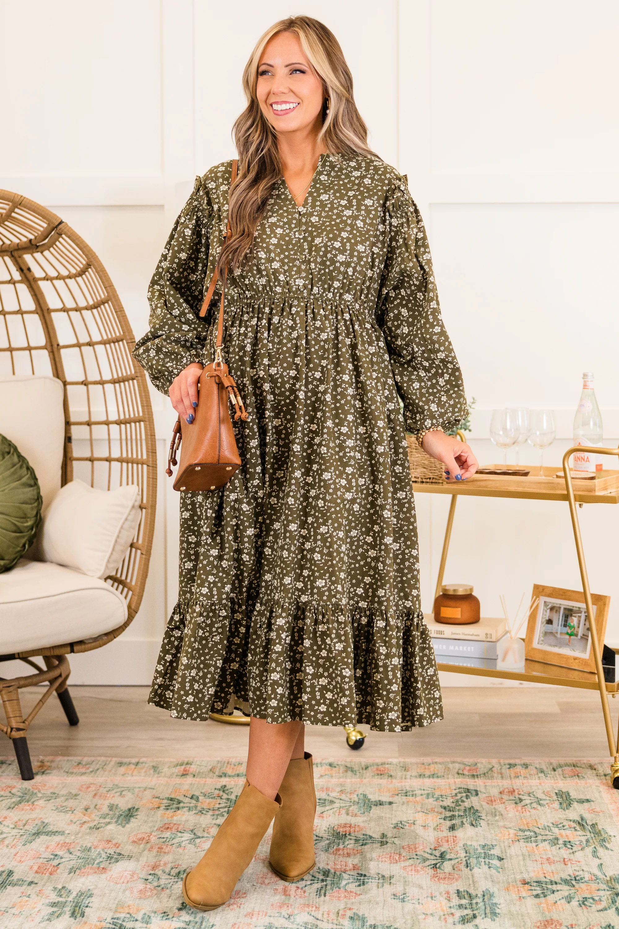 Memorize Today Dress, Olive Floral - Giverhouse
