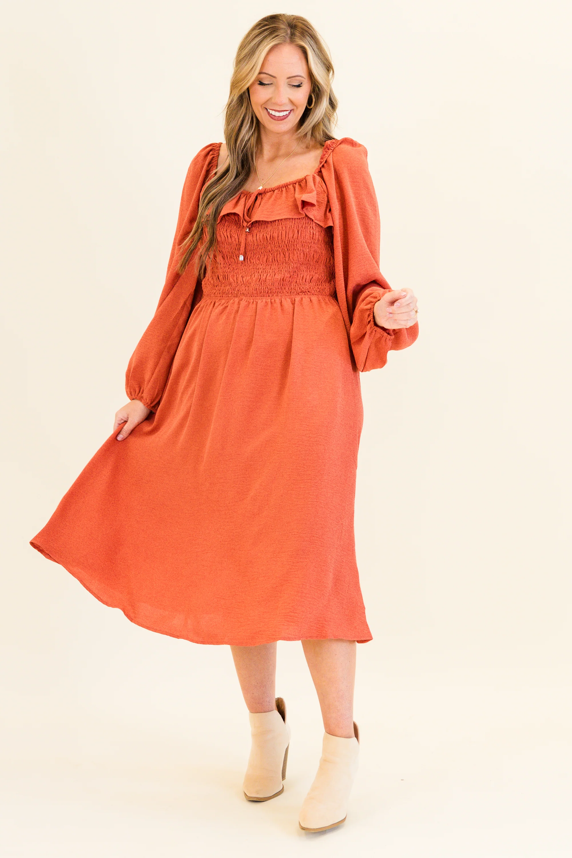 Field Of Dreams Midi Dress, Terracotta - Giverhouse