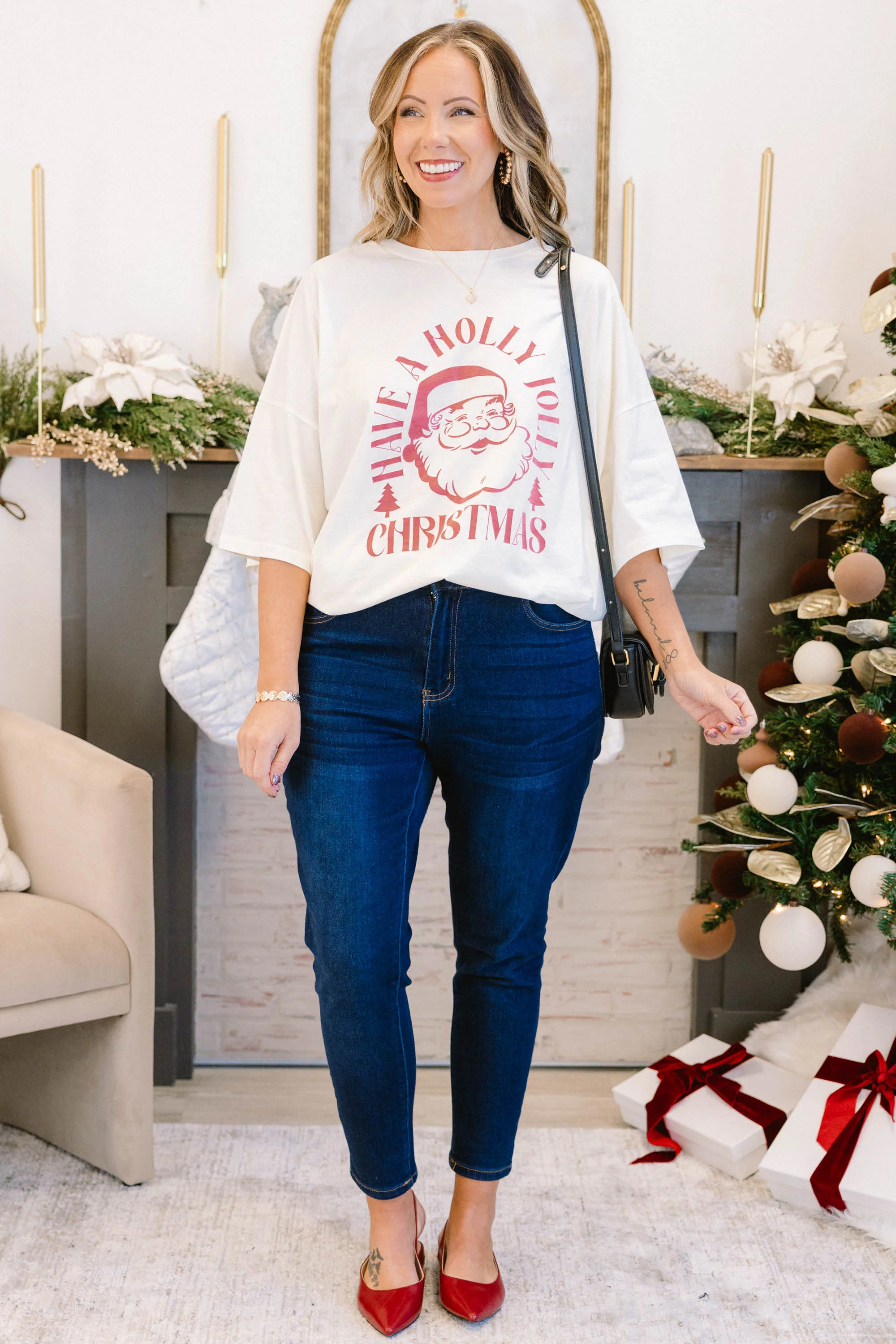 Have A Holly Jolly Christmas Boyfriend Tee, Ivory - Giverhouse