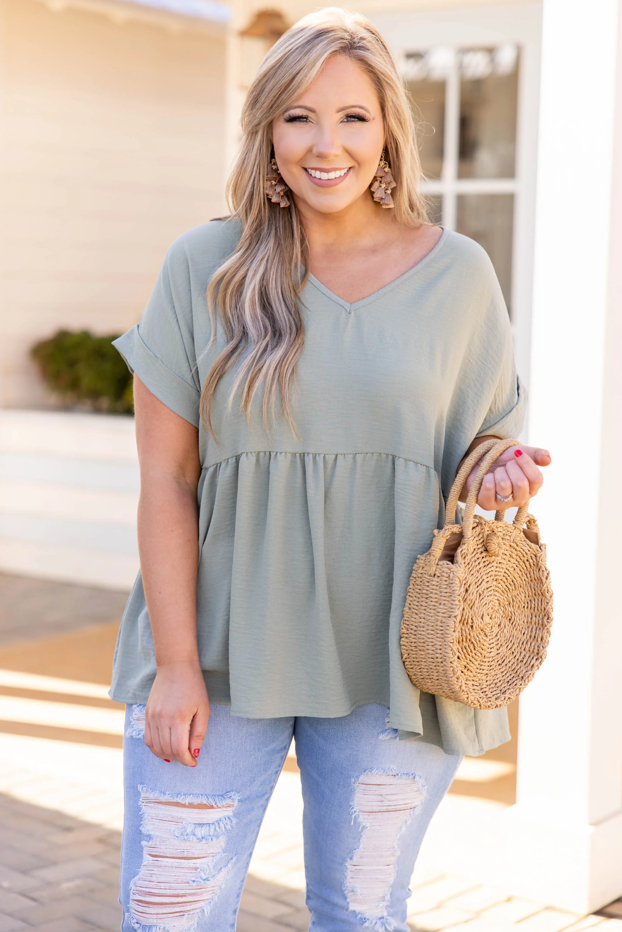 Wide Eyed Gaze Top, Sage - Giverhouse