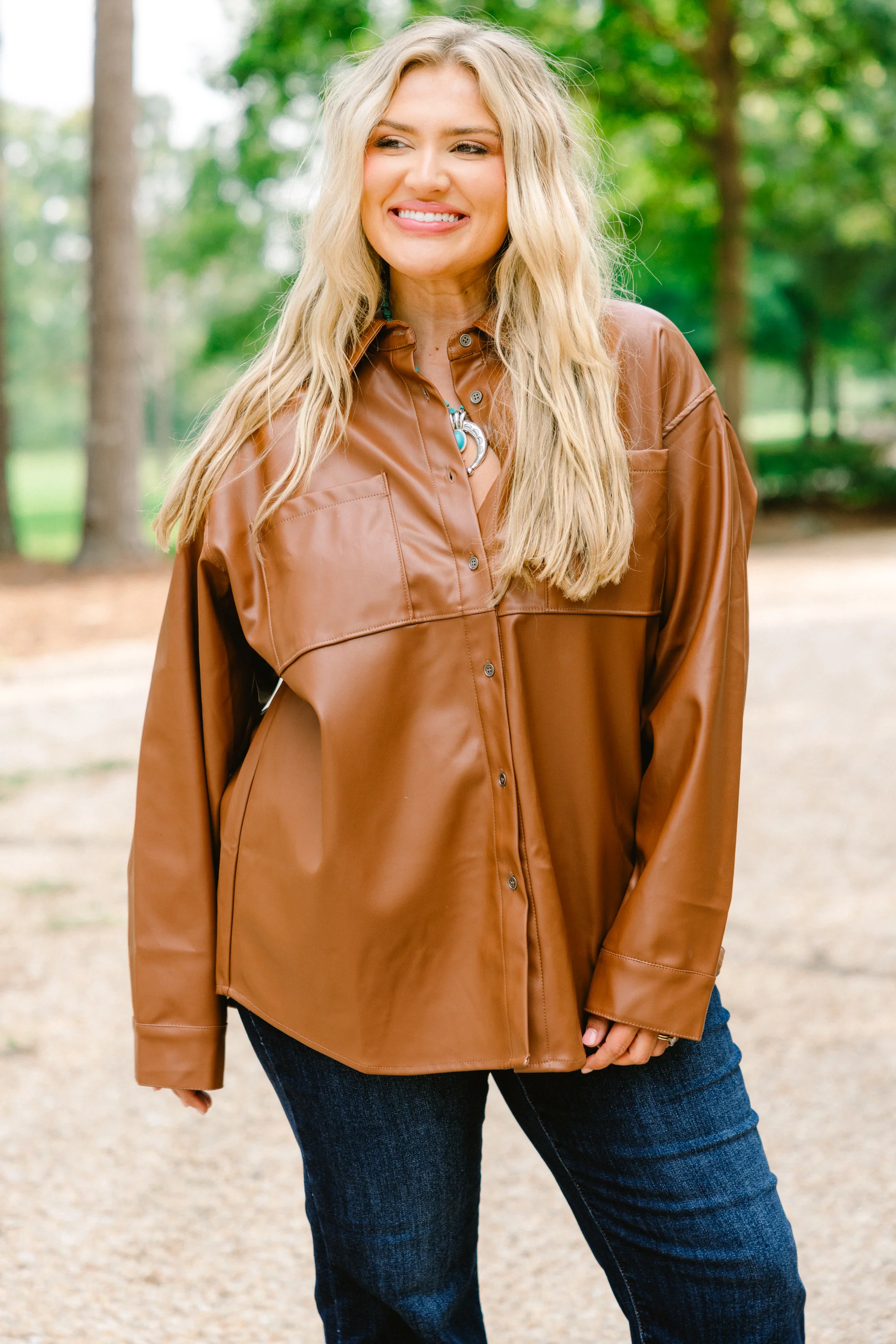 Sweet and Sassy Faux Leather Shacket, Caramel - Giverhouse