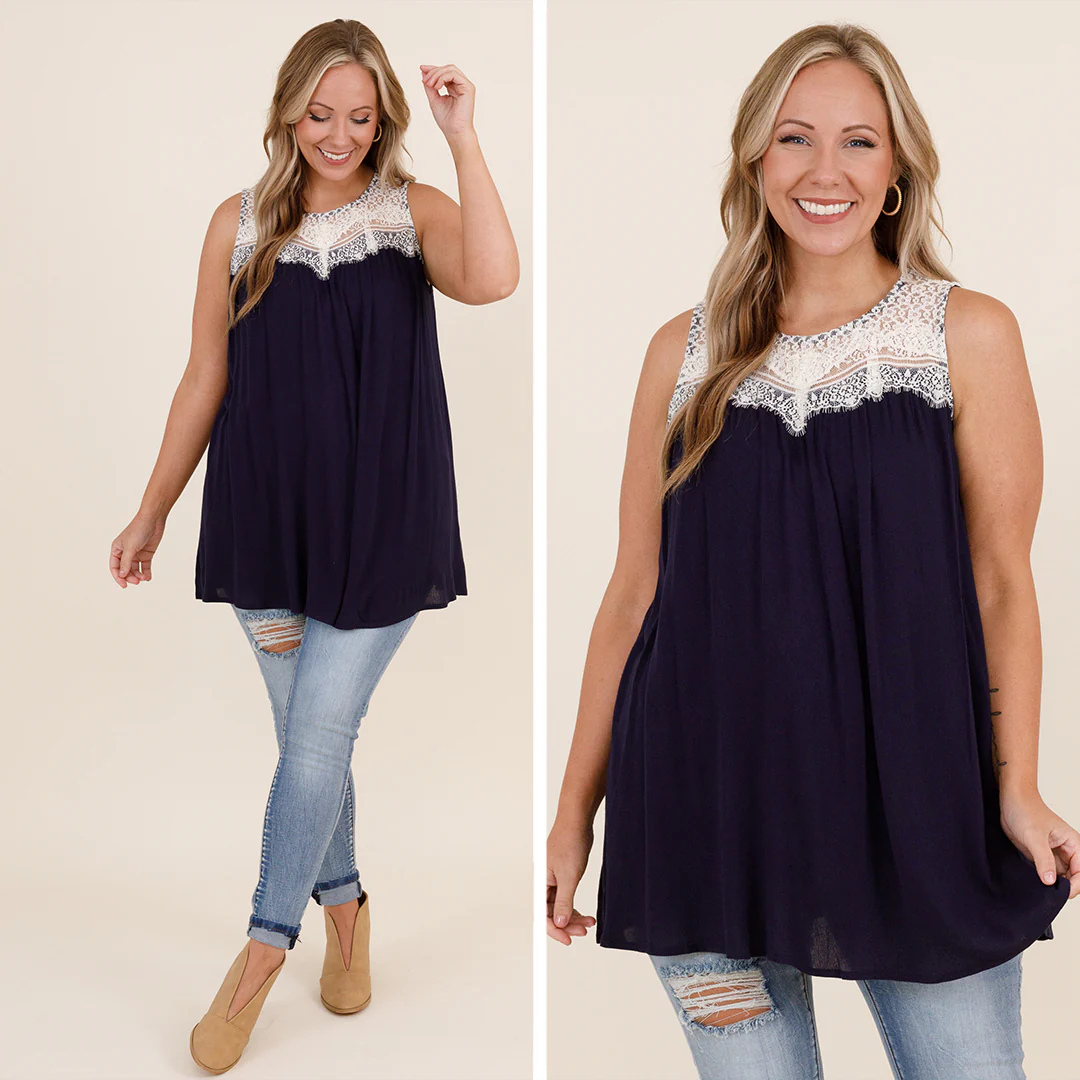 Lace With Love Top, Navy - Giverhouse