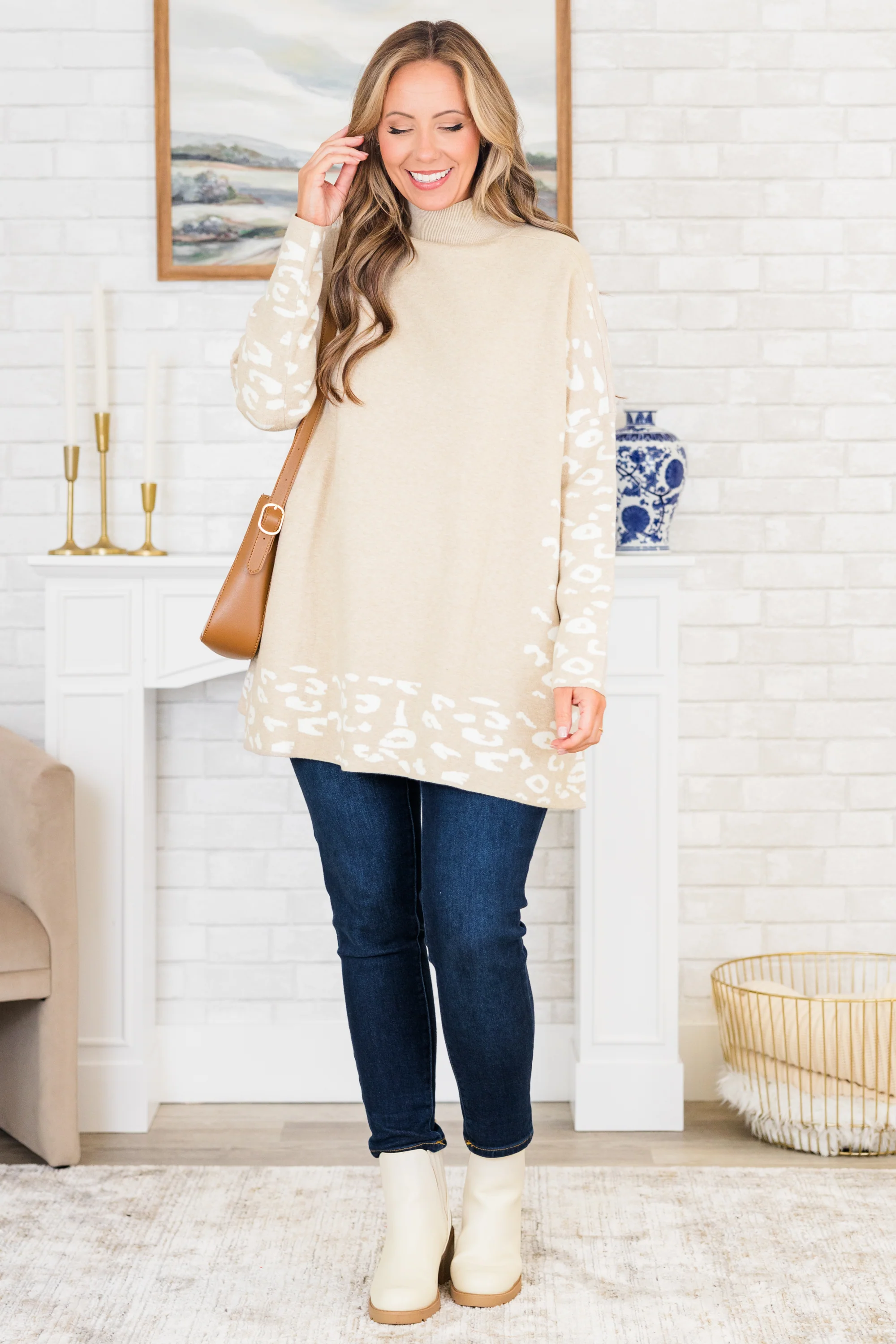 Time To Walk Away Sweater Tunic, Taupe-White - Giverhouse