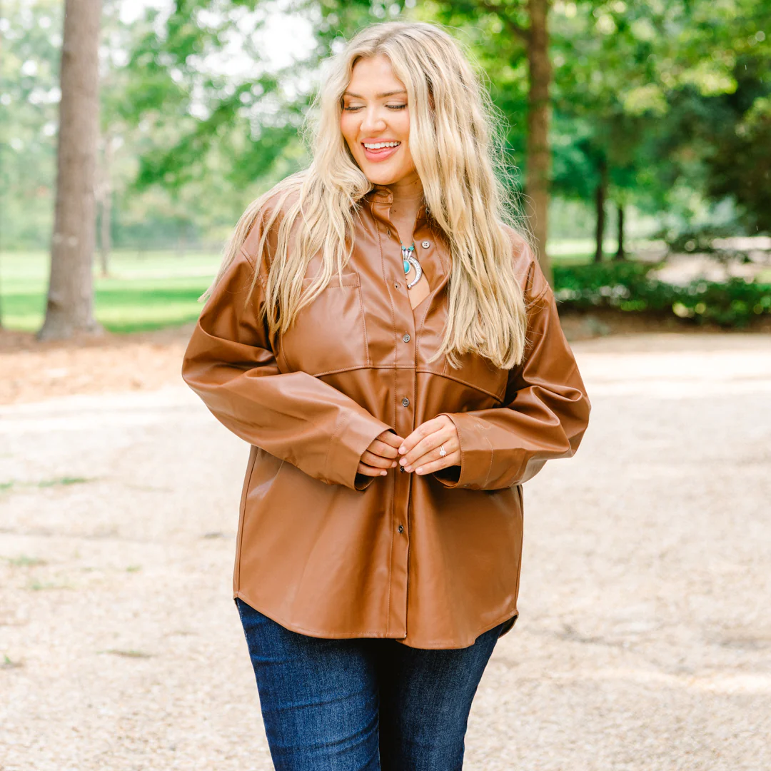 Sweet and Sassy Faux Leather Shacket, Caramel - Giverhouse