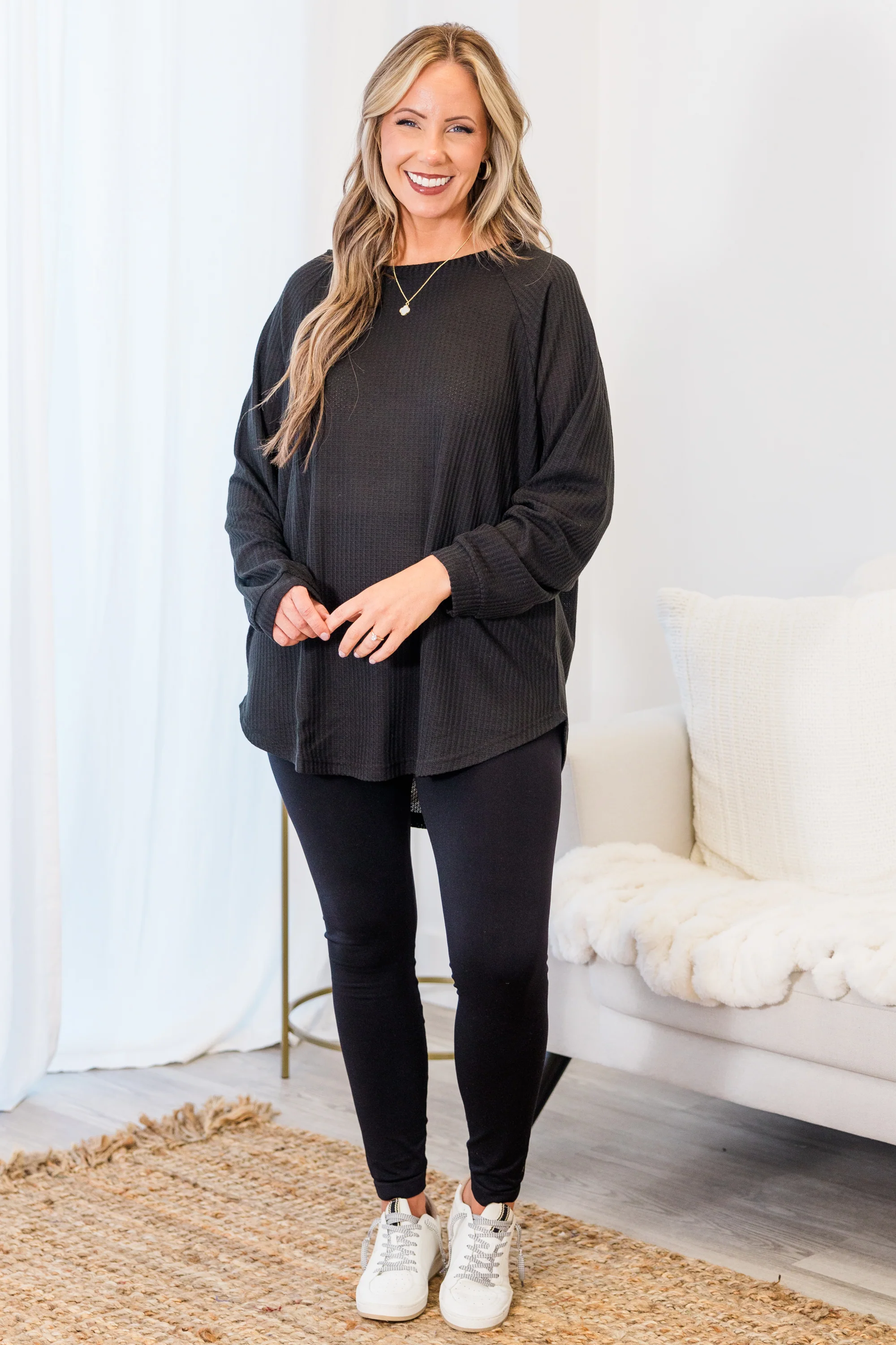 Curved Hem Slouchy Dolman Tunic, Black Thermal - Giverhouse