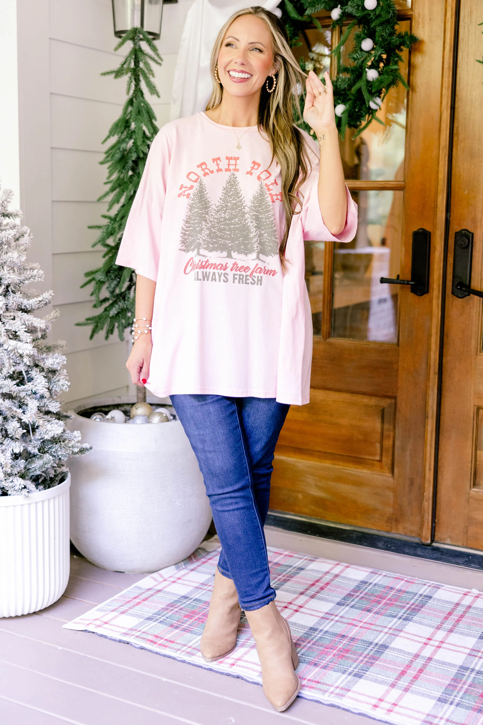 North Pole Tree Farm Boyfriend Tee, Dusty Pink - Giverhouse