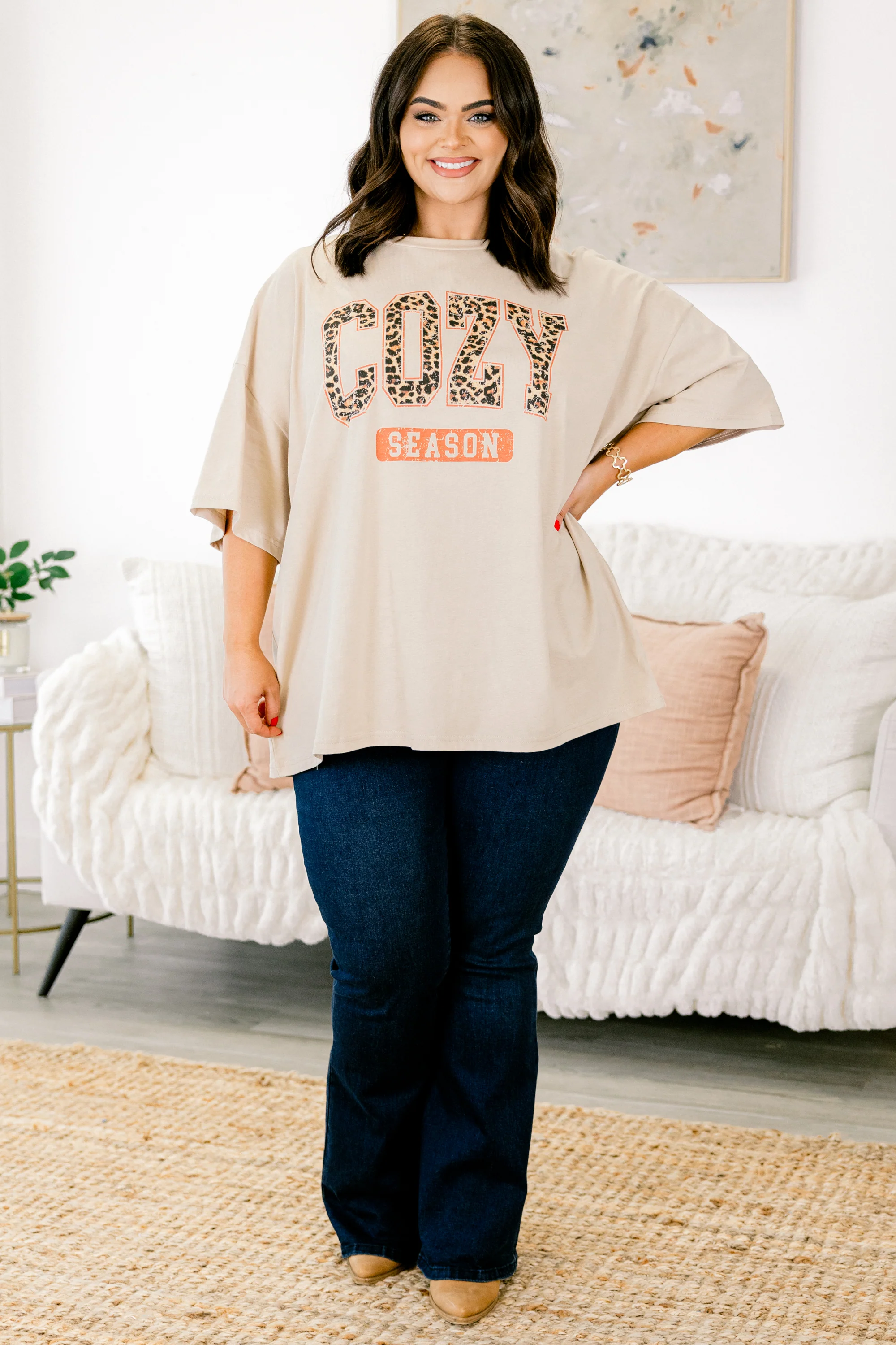 Let's Get Cozy Boyfriend Tee, Light Mocha - Giverhouse