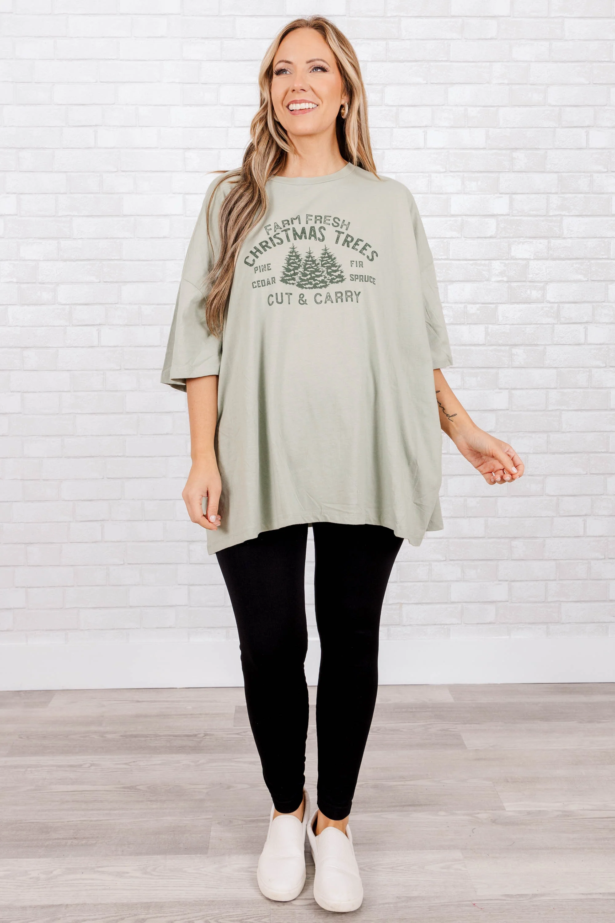 Farm Fresh Christmas Tree Boyfriend Tee, Sage - Giverhouse