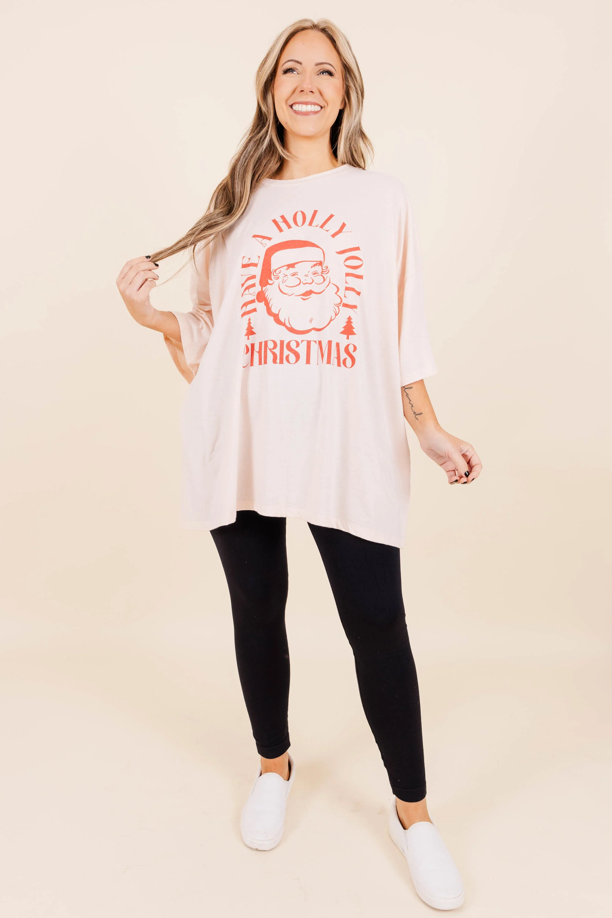 Have A Holly Jolly Christmas Boyfriend Tee, Cream Pink - Giverhouse