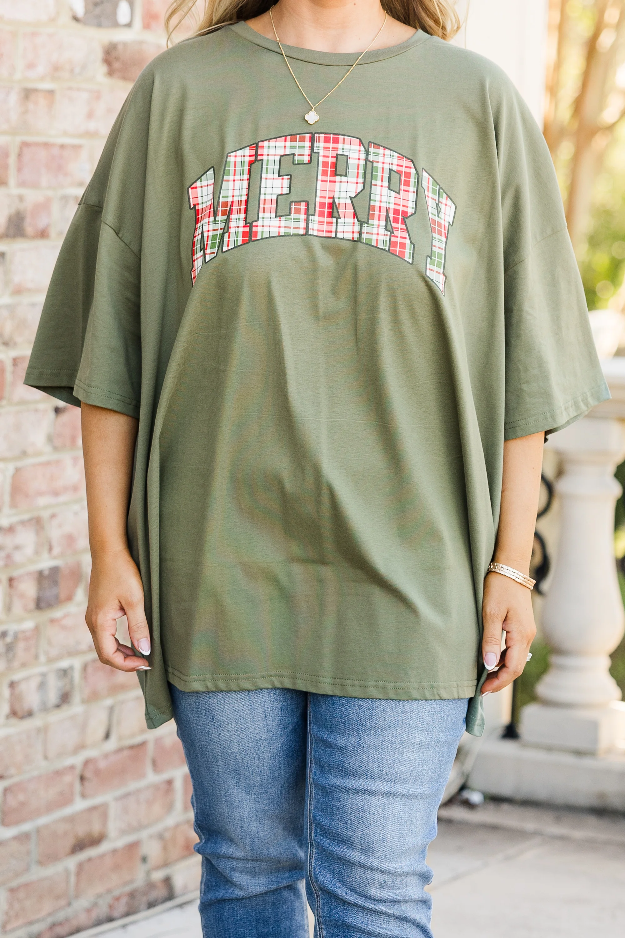 Merry and Plaid Boyfriend Tee, Moss - Giverhouse