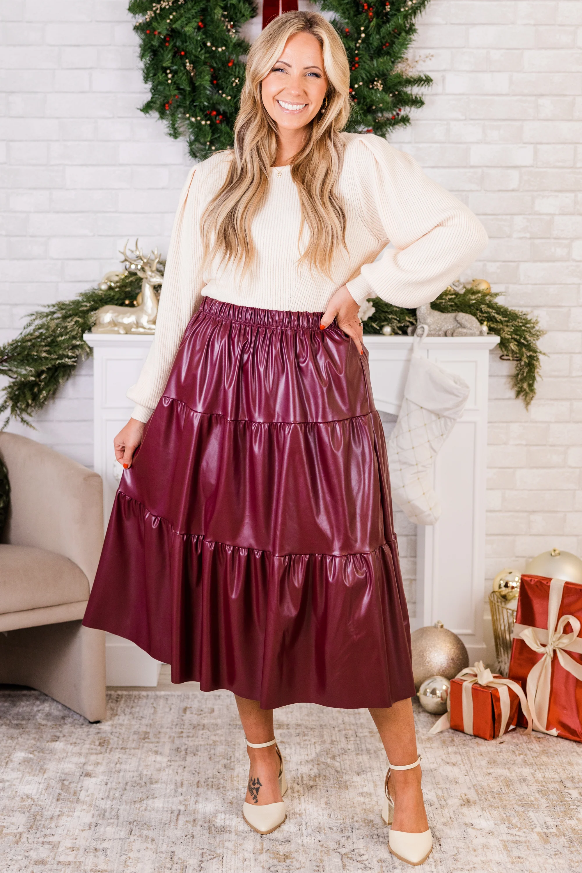 Always and For Leather Skirt, Burgundy - Giverhouse
