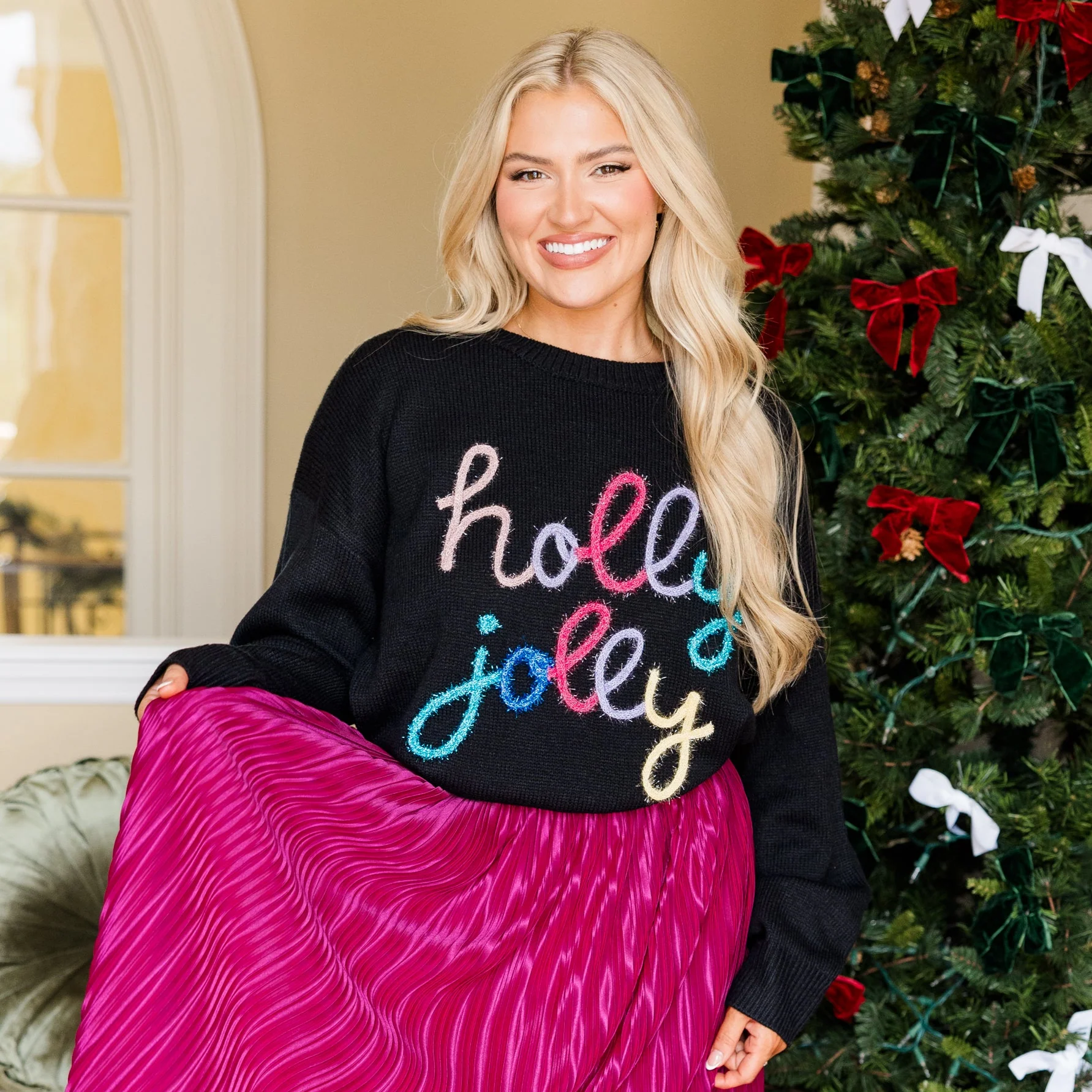 Holly Jolly All The Way Sweater, Black - Giverhouse