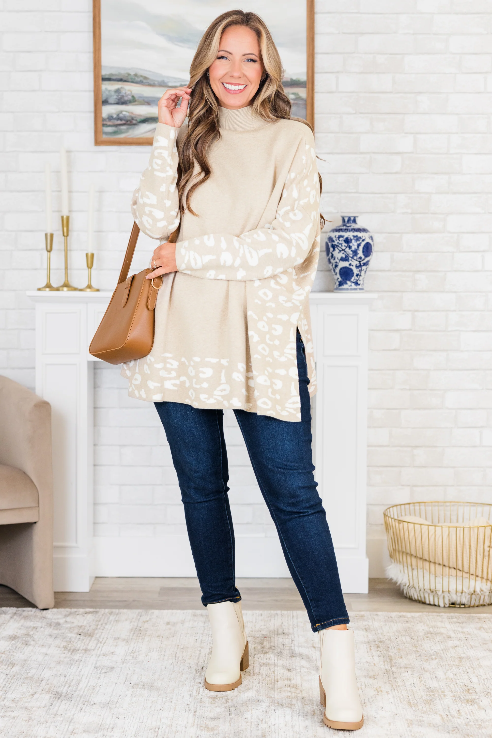 Time To Walk Away Sweater Tunic, Taupe-White - Giverhouse