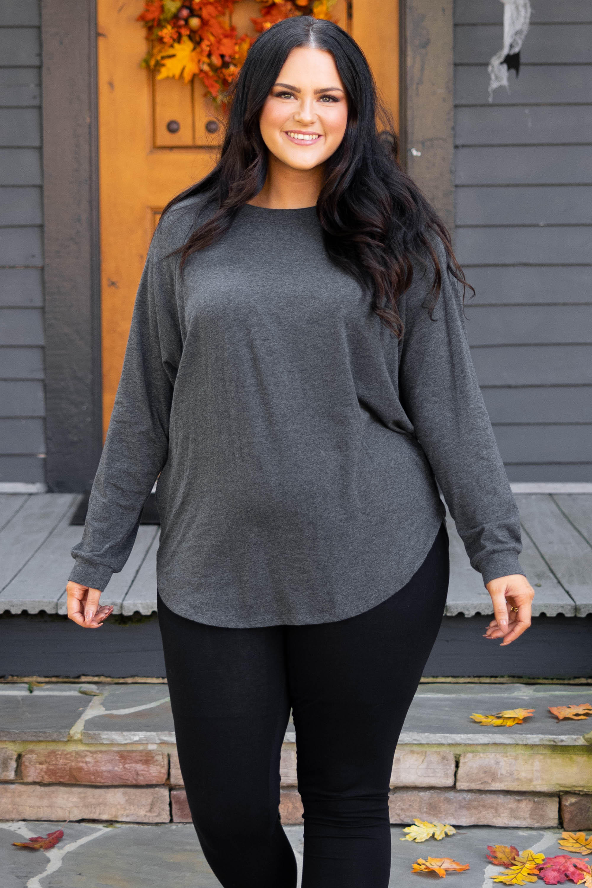 Curved Hem Slouchy Dolman Tunic, Charcoal - Giverhouse