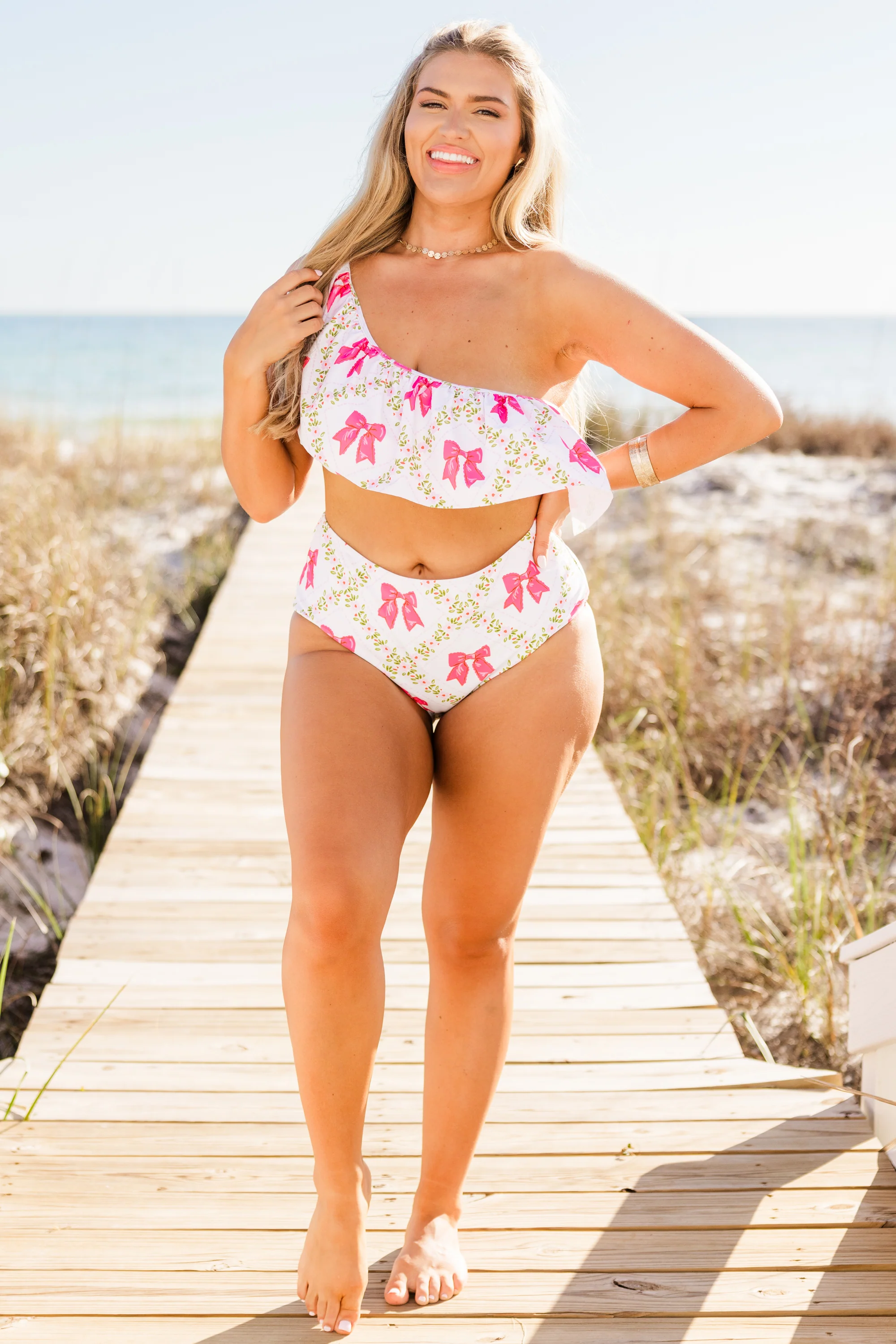 Let's Go Watch The Sunset Swim Top, Pink Bow - Giverhouse