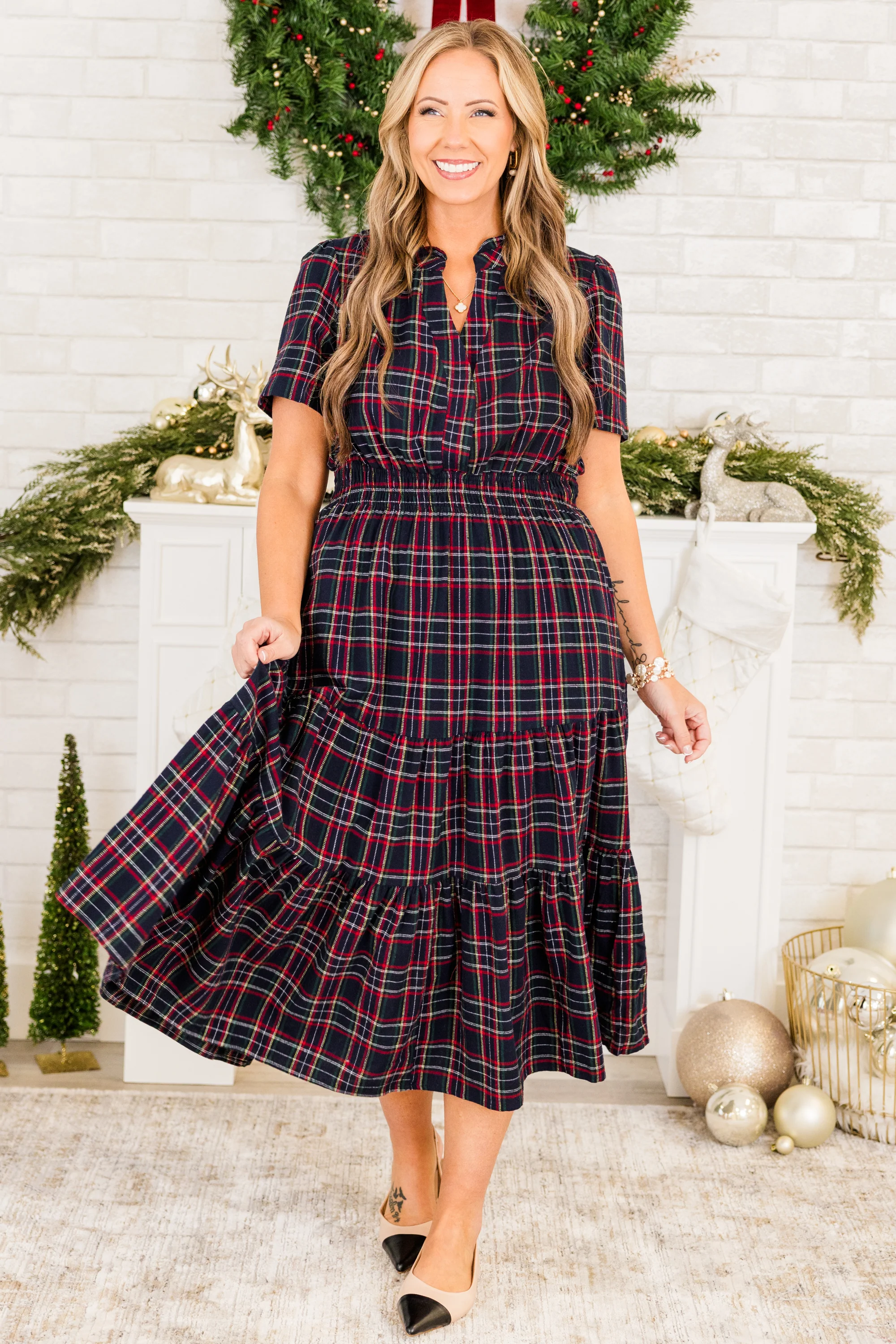 Letters From You Midi Dress, Navy Plaid - Giverhouse