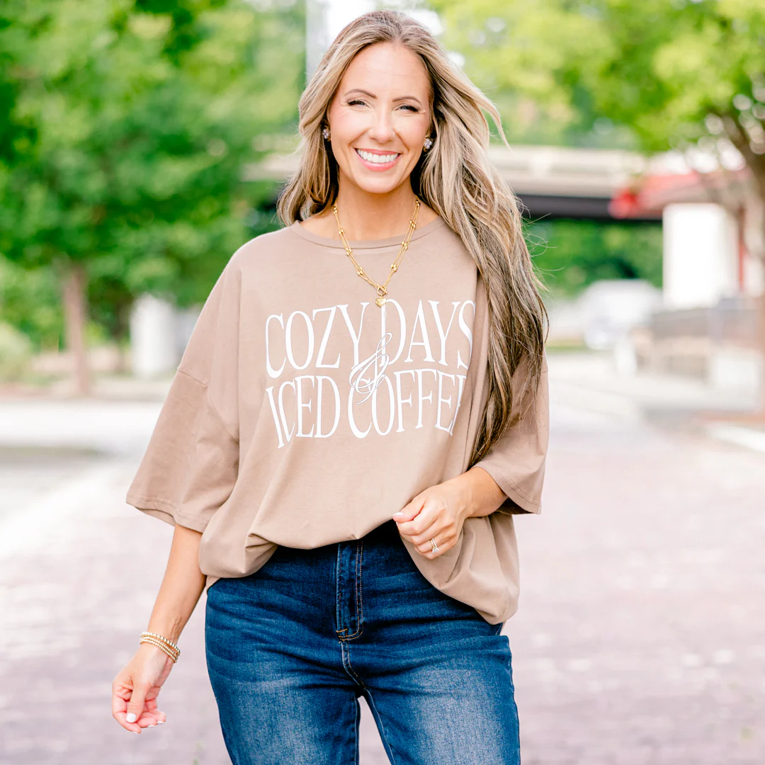 Cozy Days and Iced Coffee Boyfriend Tee, Espresso - Giverhouse