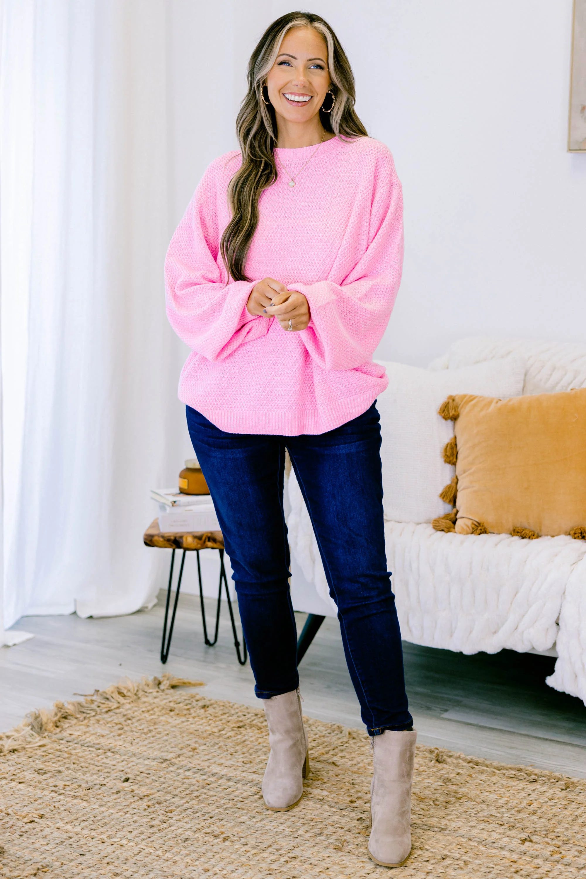 Cozy Bubble Sleeve Sweater, Spring Pink - Giverhouse