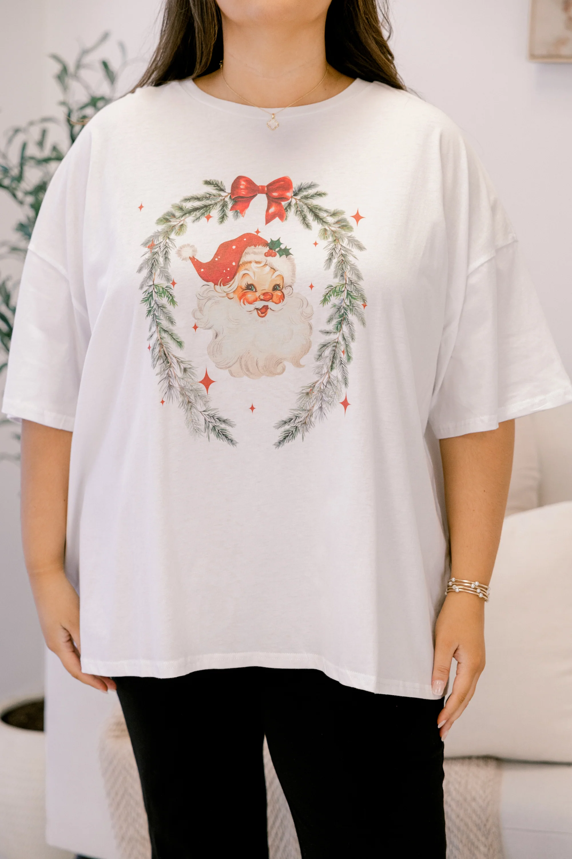 Wreath of Santa Imported Boyfriend Tee, White - Giverhouse
